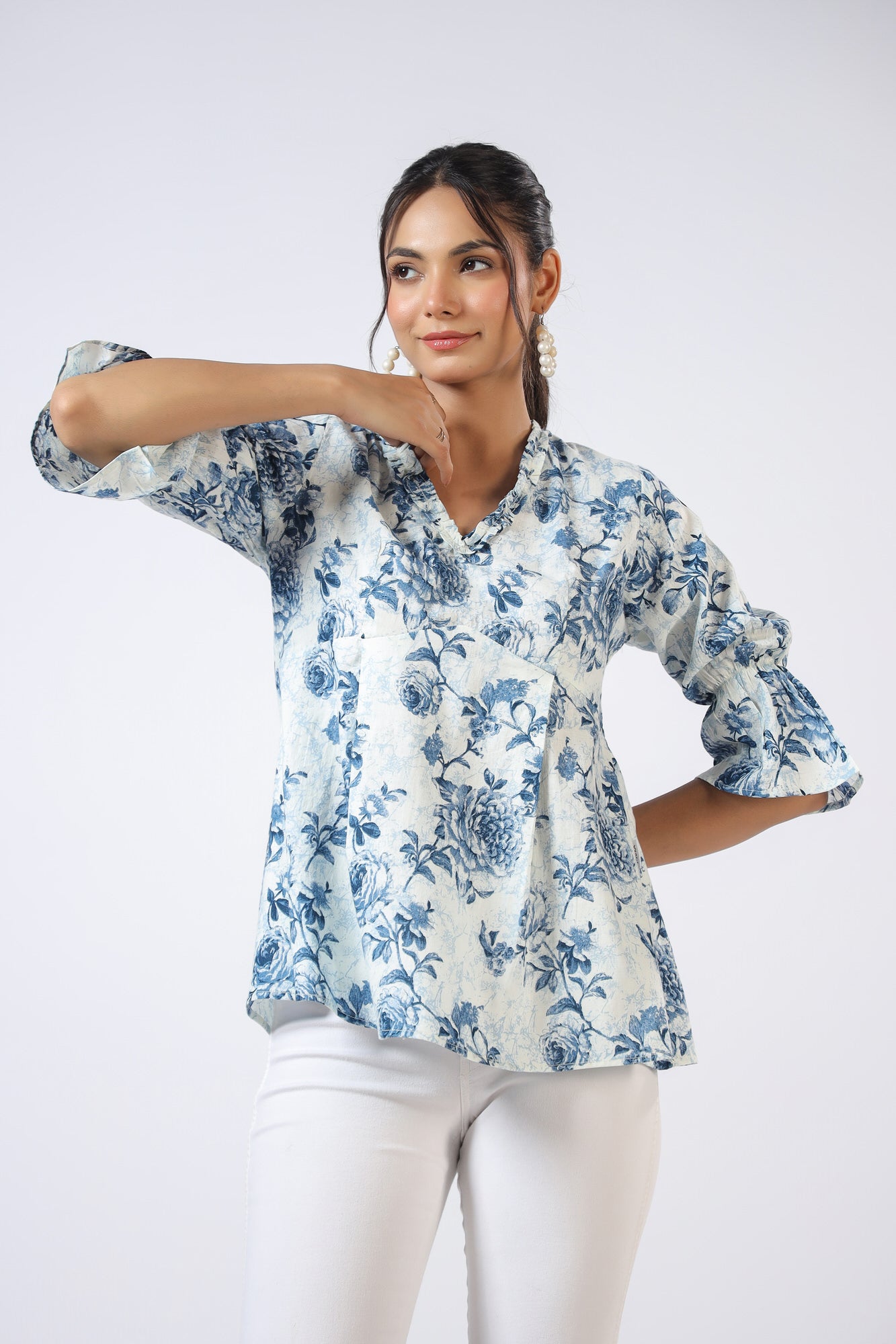 Serene Sky Rose Jaal Cotton Top