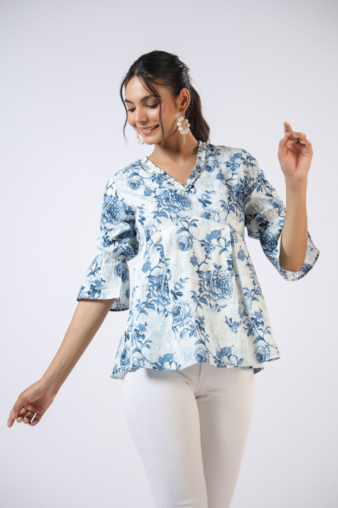 Serene Sky Rose Jaal Cotton Top