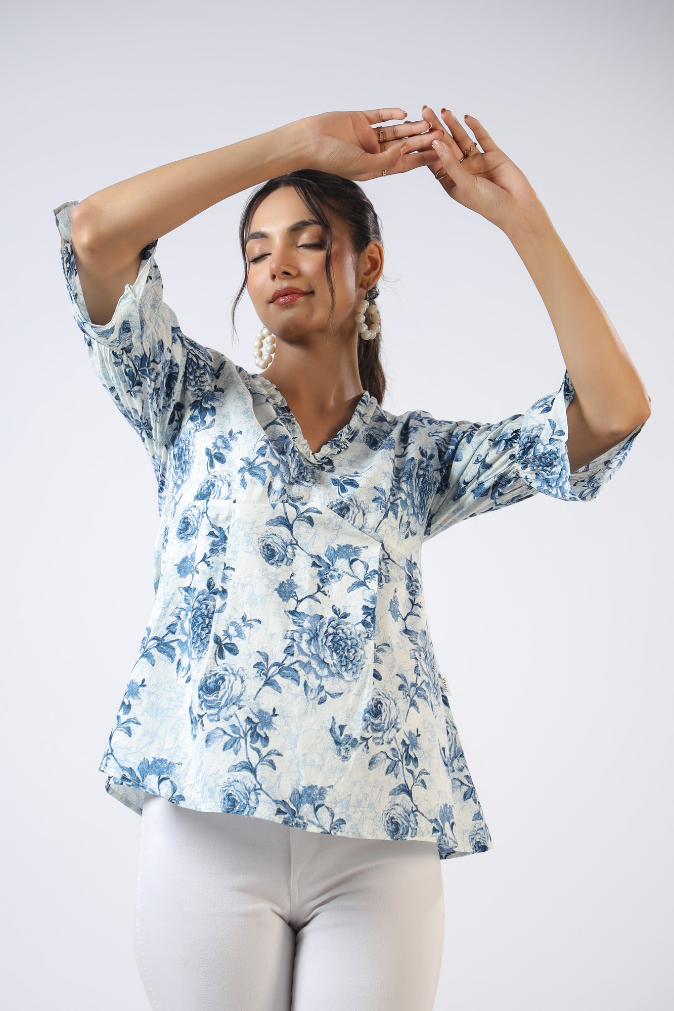 Serene Sky Rose Jaal Cotton Top