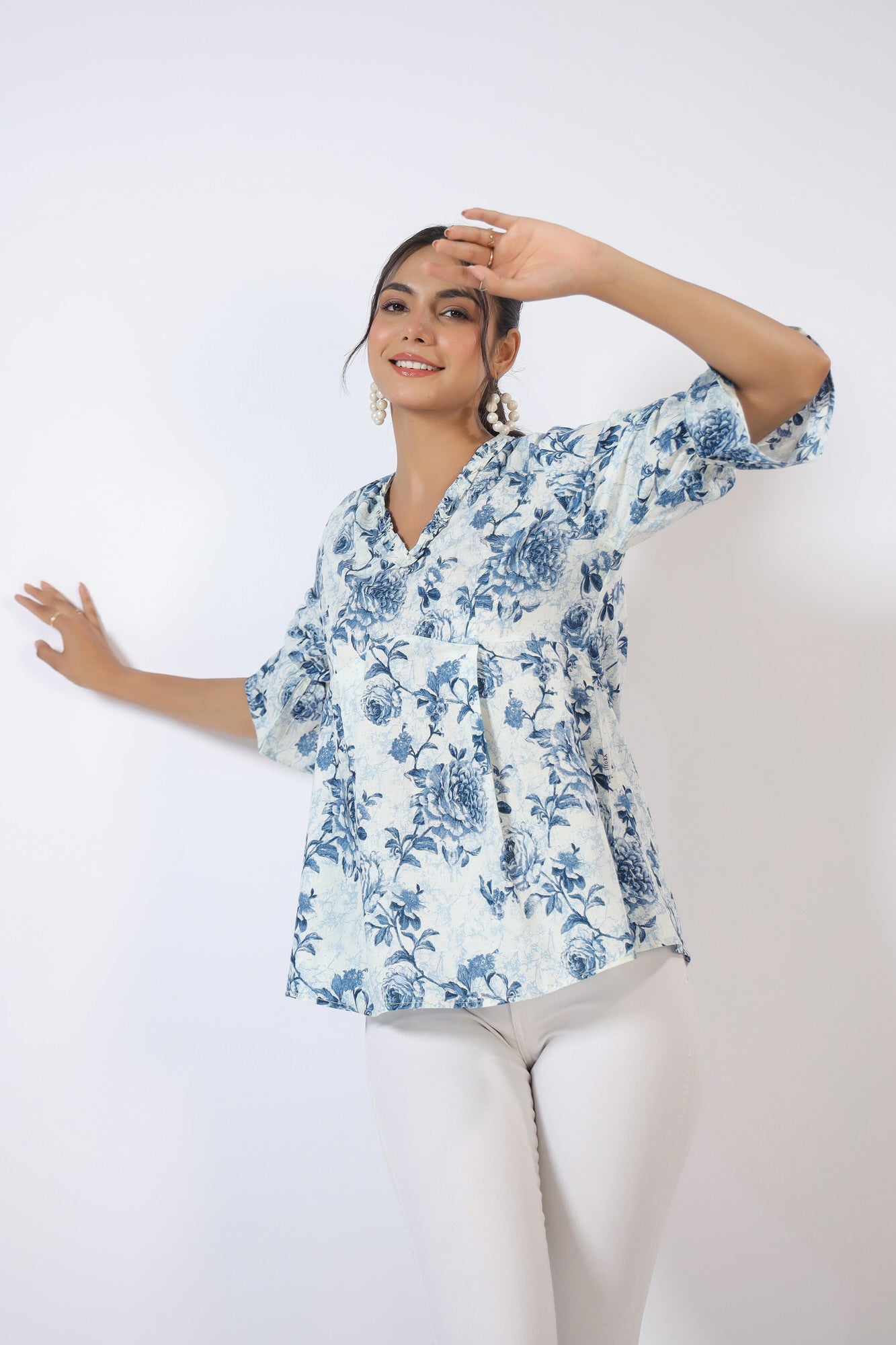 Serene Sky Rose Jaal Cotton Top