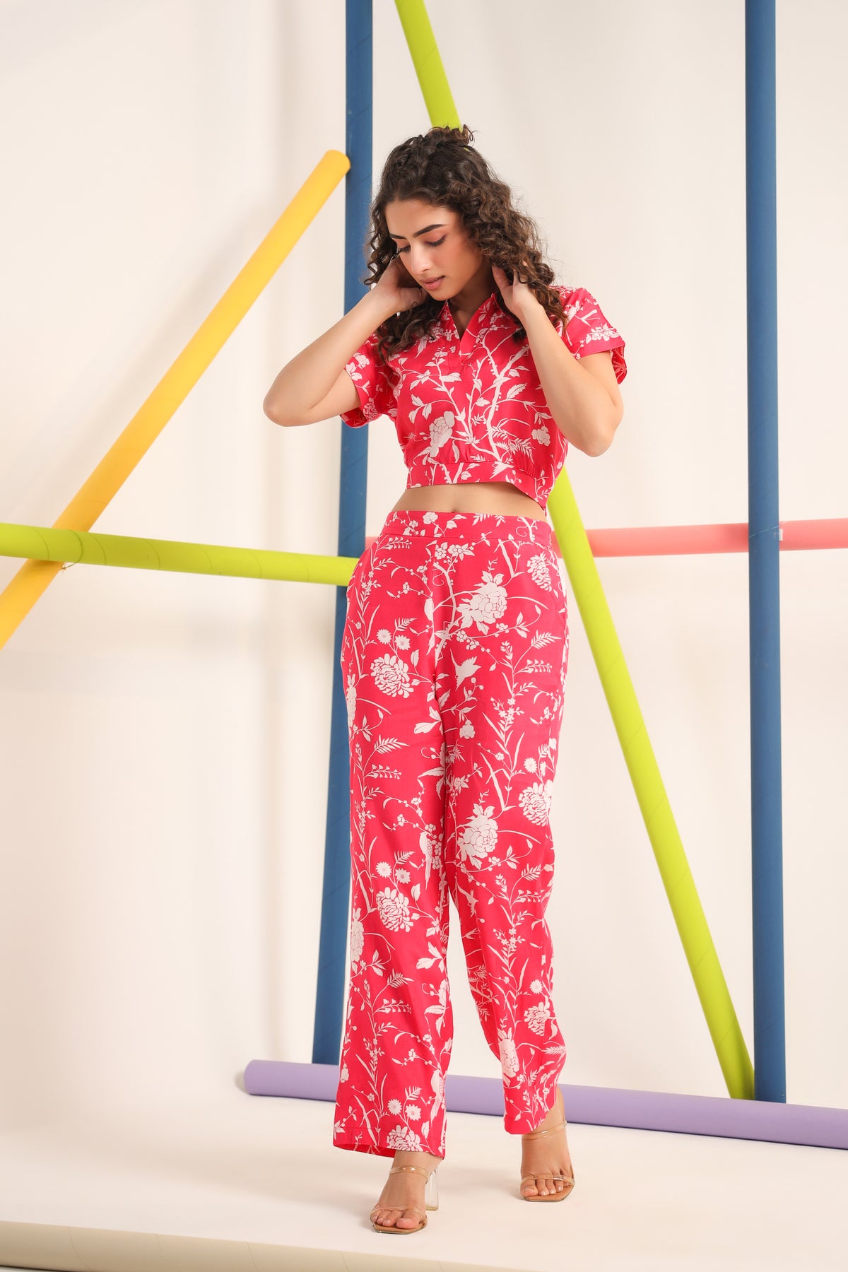 White Twines on Pink Cotton Co-ord Set