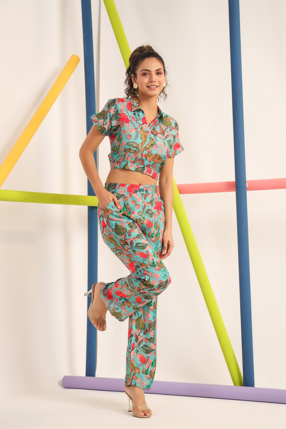 Robin Teal Muslin Silk Crop Top Set