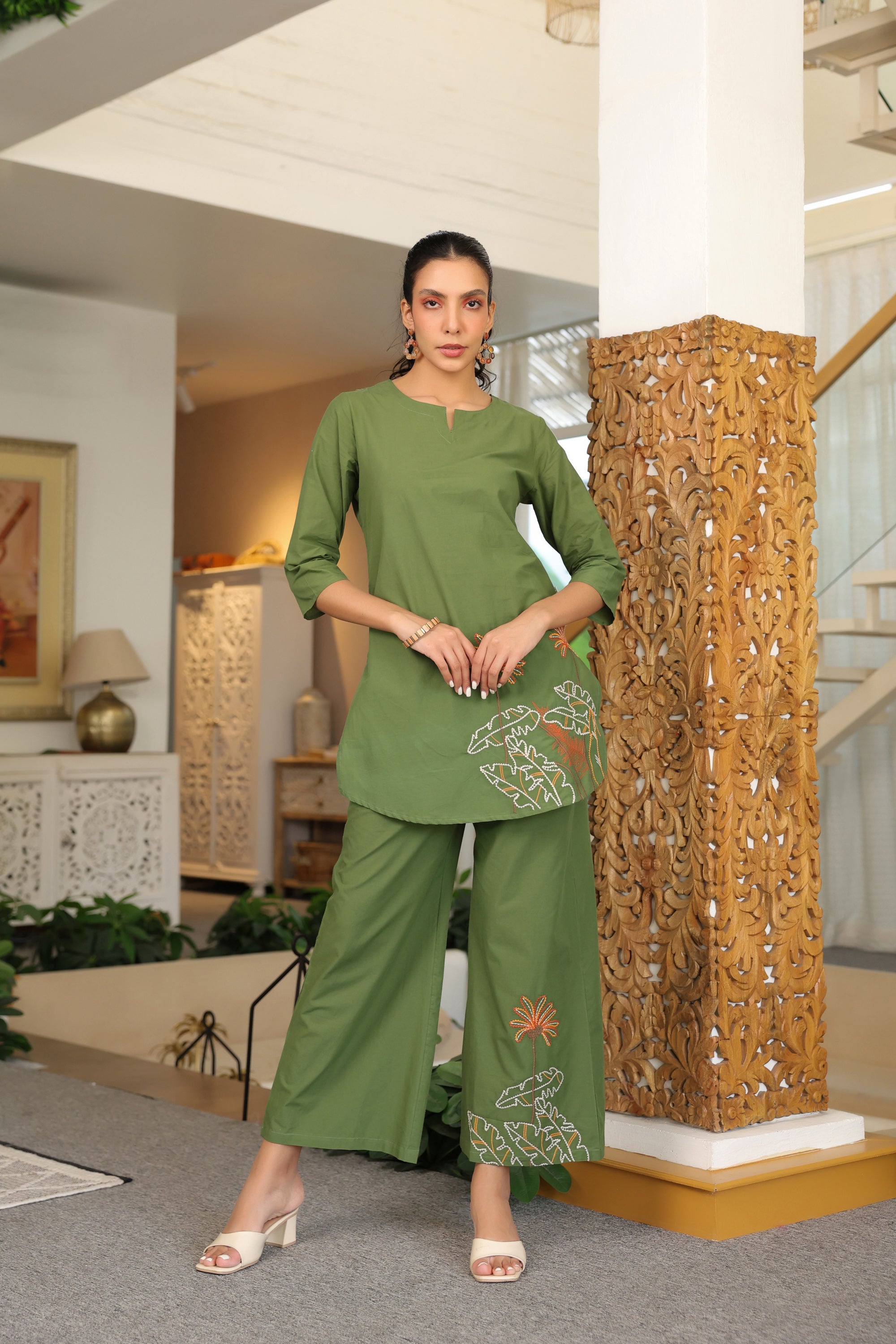 Palm Olive Embroidered Cotton Co-ord Set