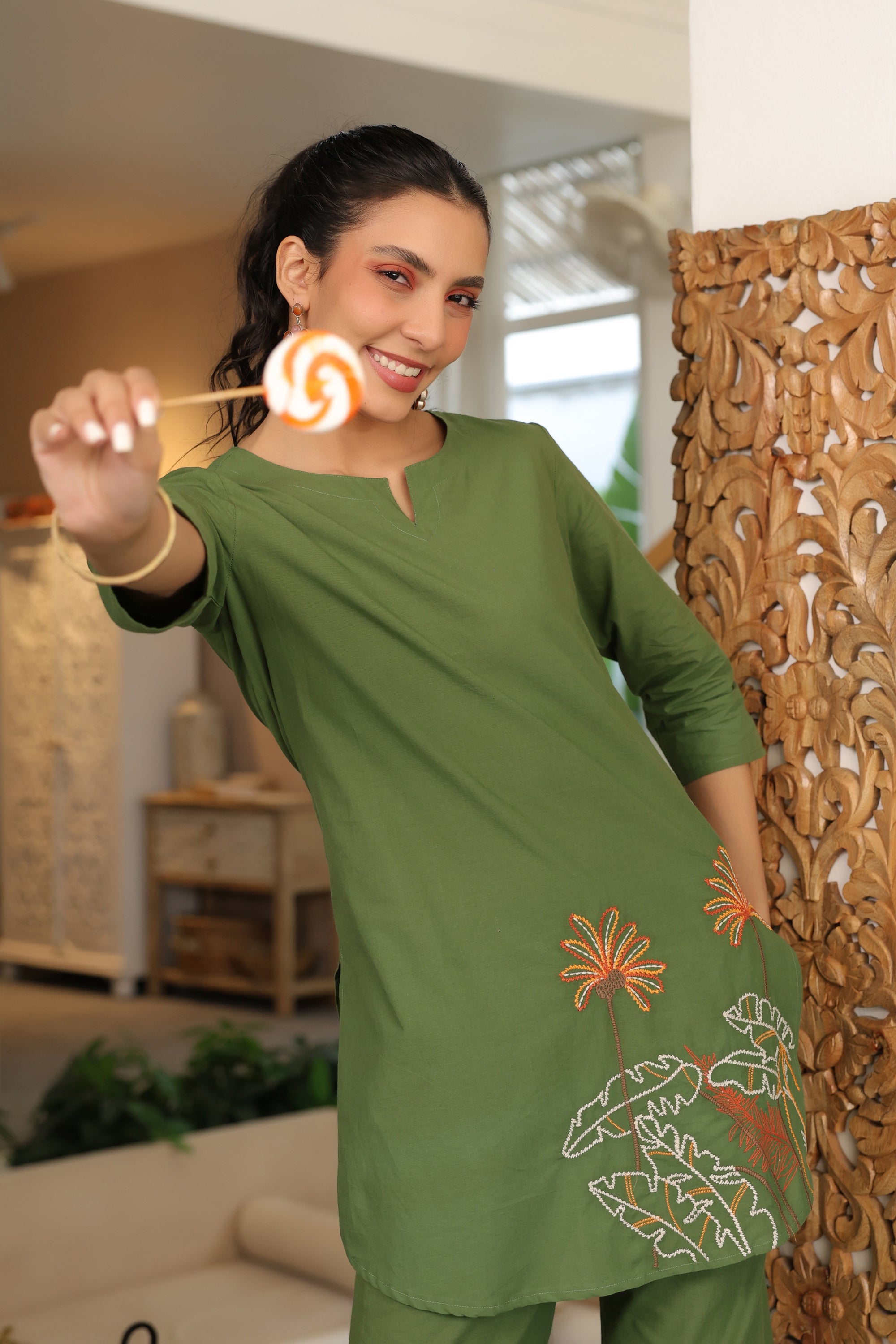 Palm Olive Embroidered Cotton Co-ord Set