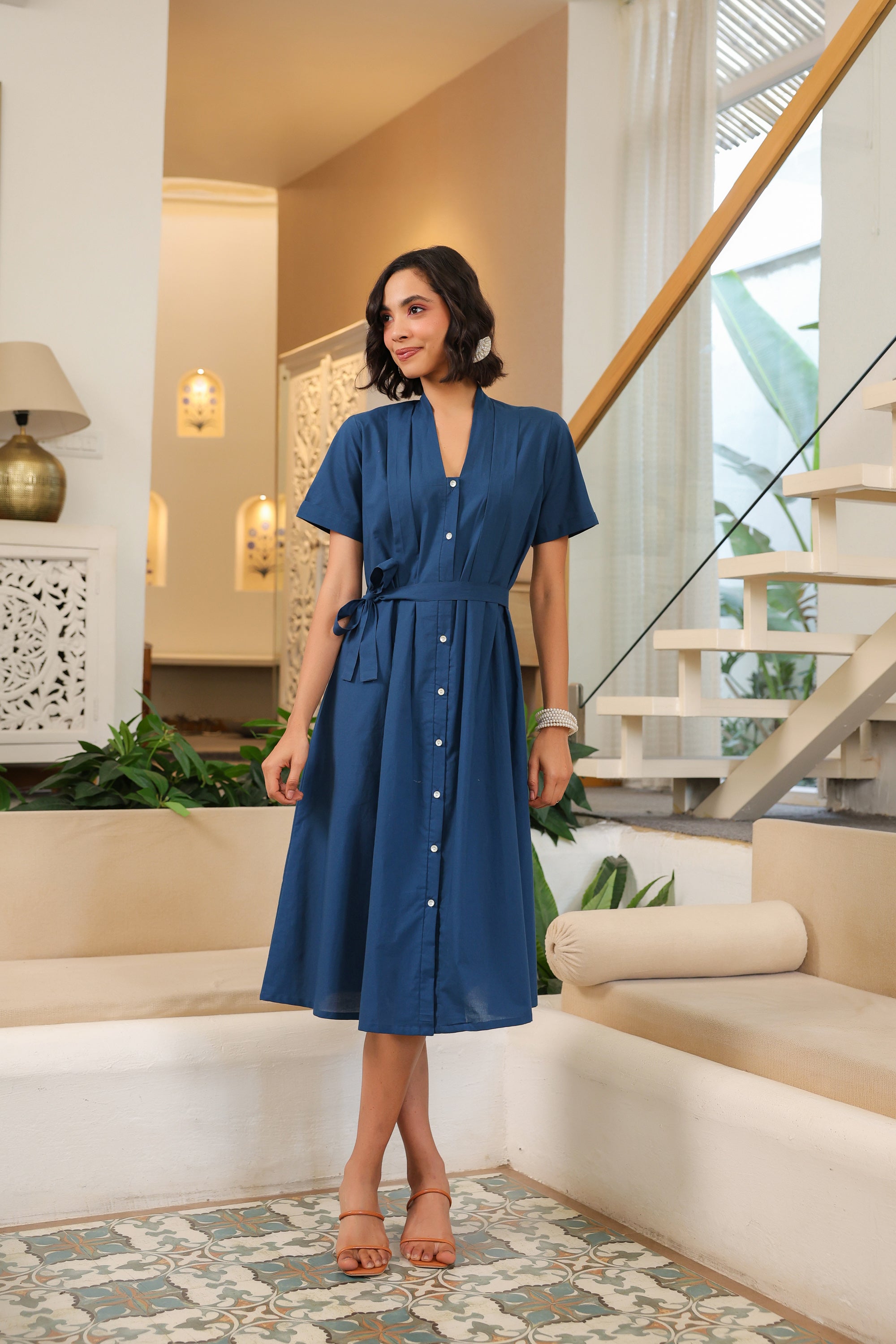 Midnight Breeze Belted Midi Cotton Dress