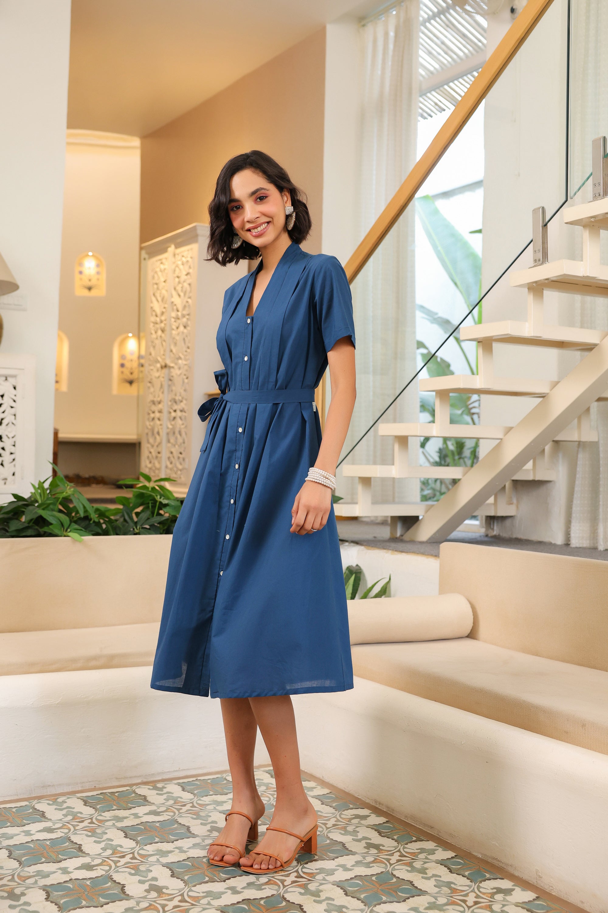 Midnight Breeze Belted Midi Cotton Dress