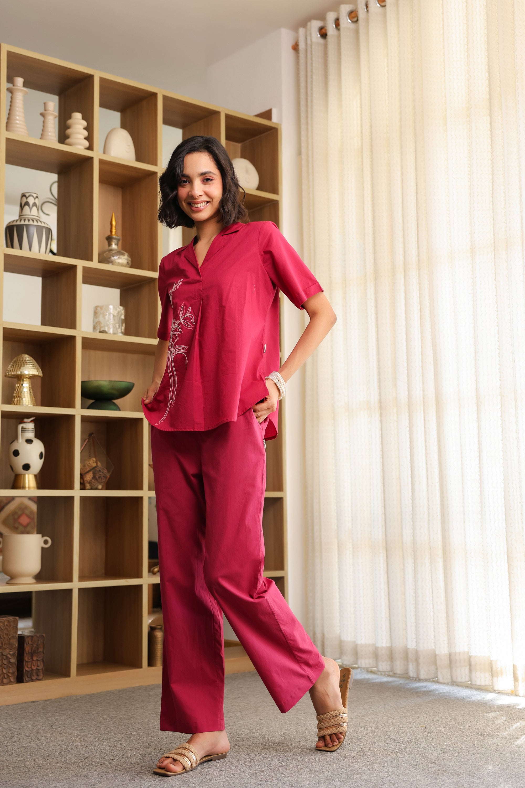 Pink Rosette Charm Embroidered Cotton Co-ord Set