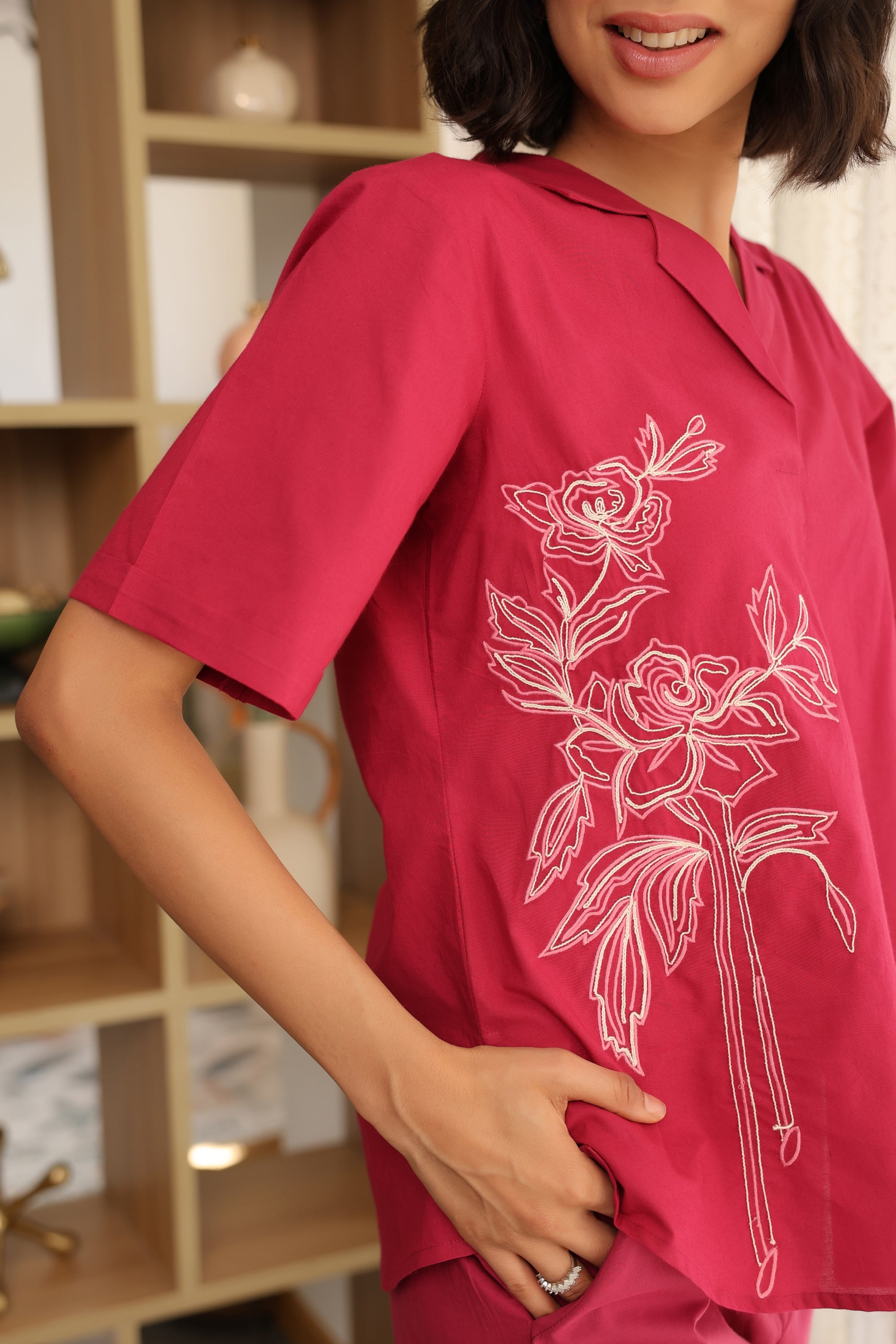 Pink Rosette Charm Embroidered Cotton Co-ord Set