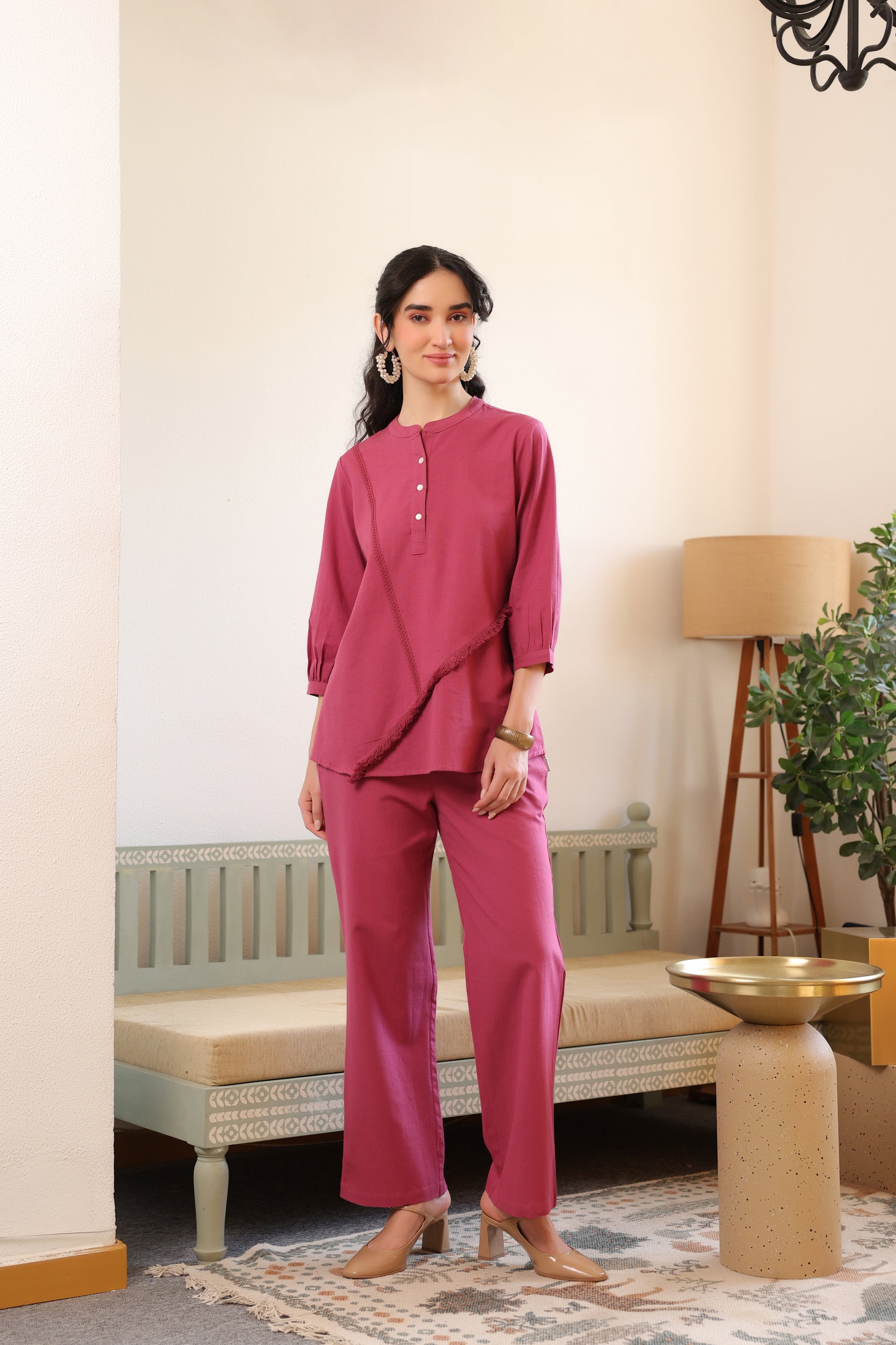 Dusky Berry Fringe Detail Cotton Flex Co-ord Set