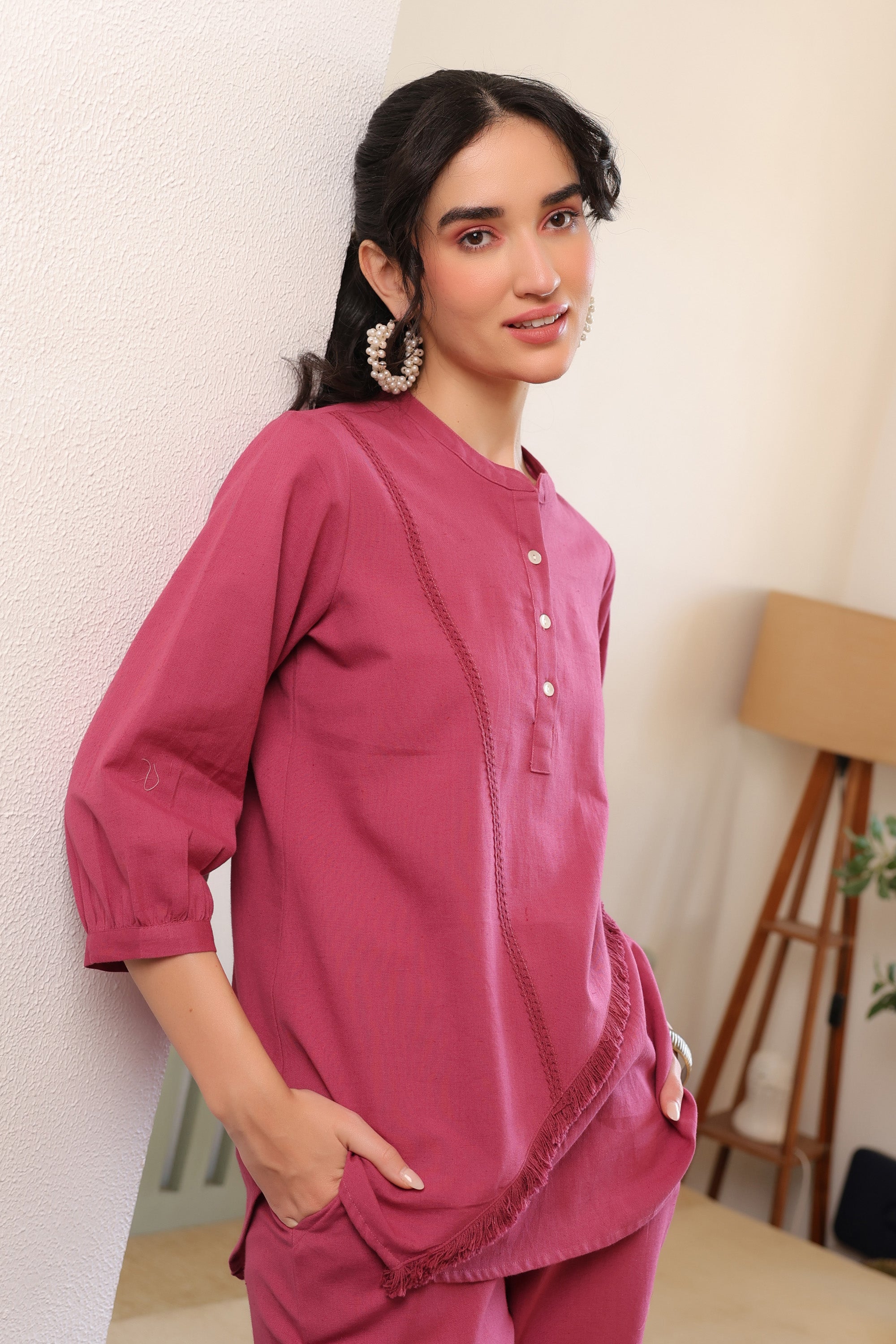 Dusky Berry Fringe Detail Cotton Flex Co-ord Set