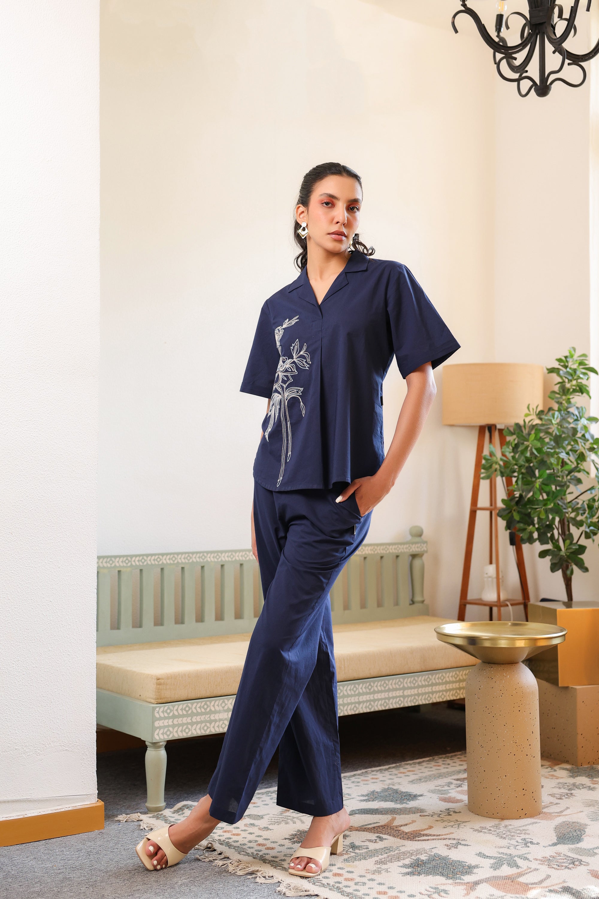 Blue Rosette Charm Embroidered Cotton Co-ord Set