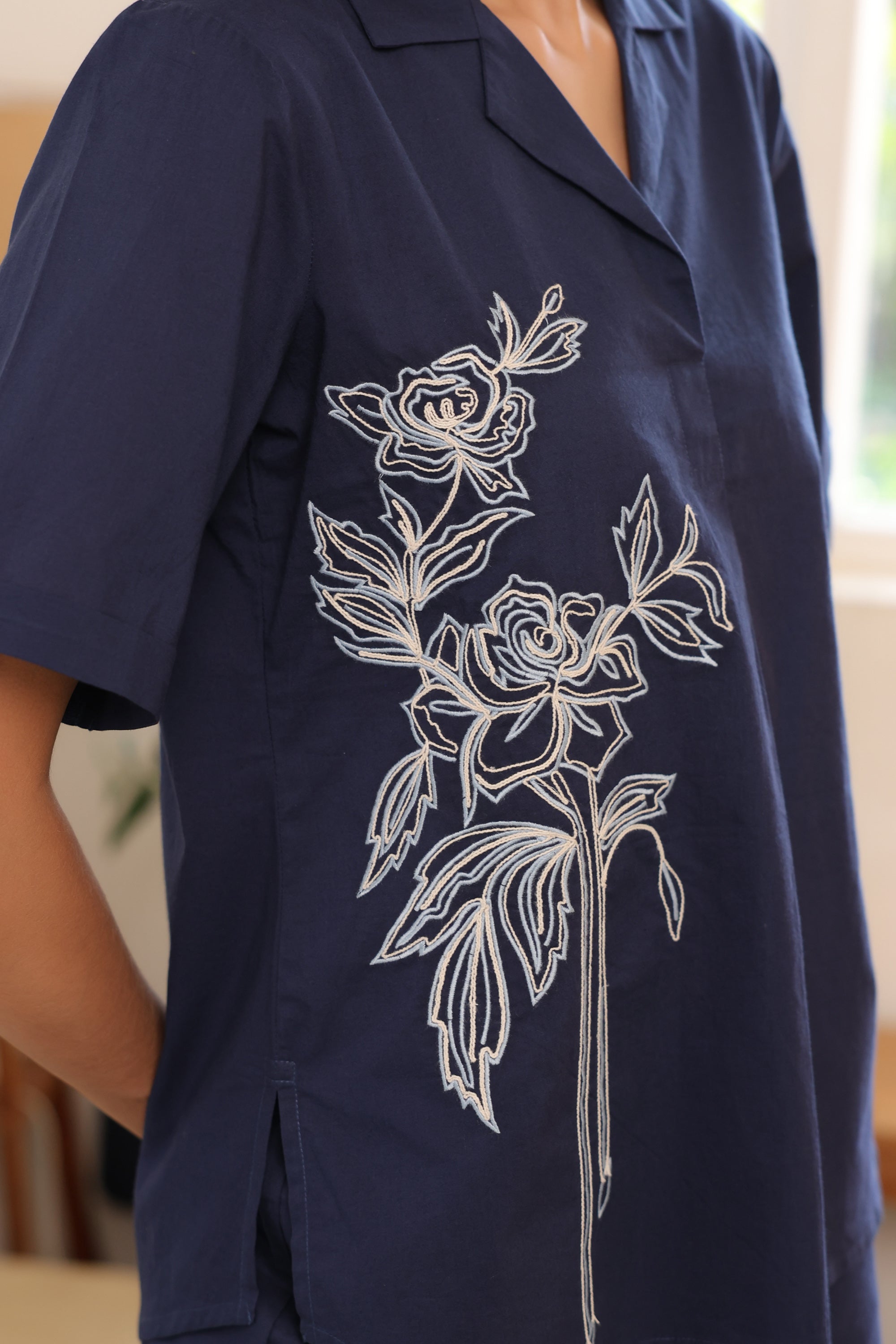 Blue Rosette Charm Embroidered Cotton Co-ord Set