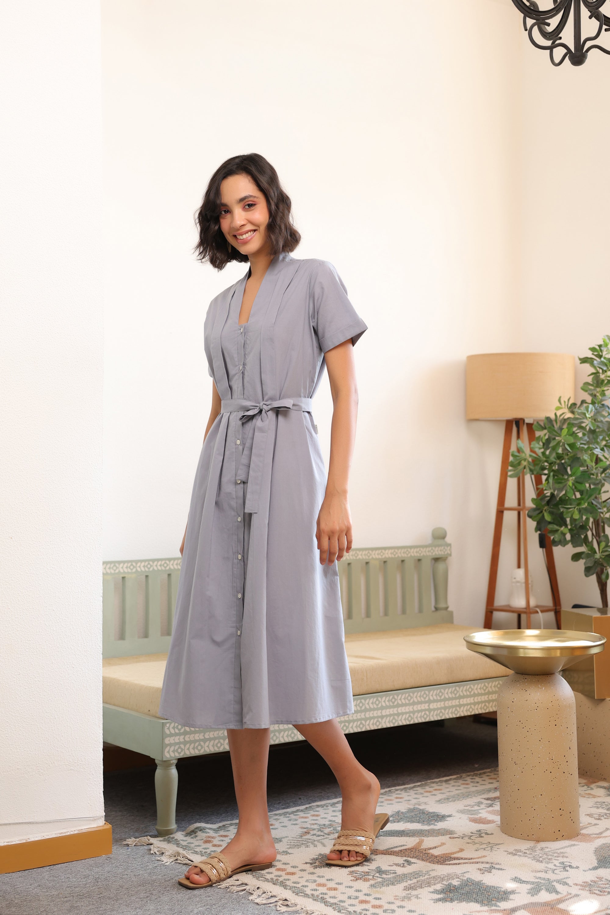 Mist Grey Button-Down Cotton Dress