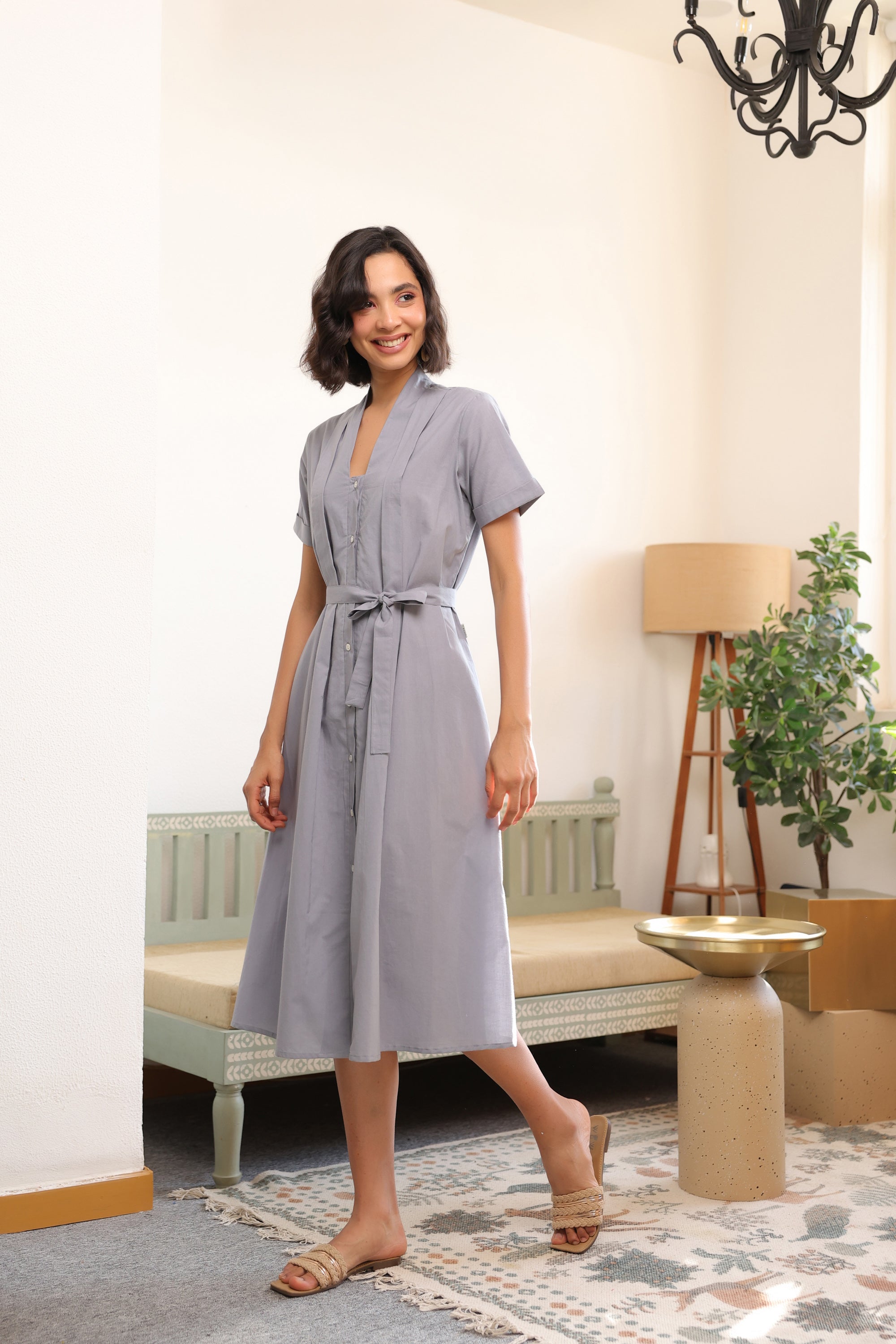 Mist Grey Button-Down Cotton Dress