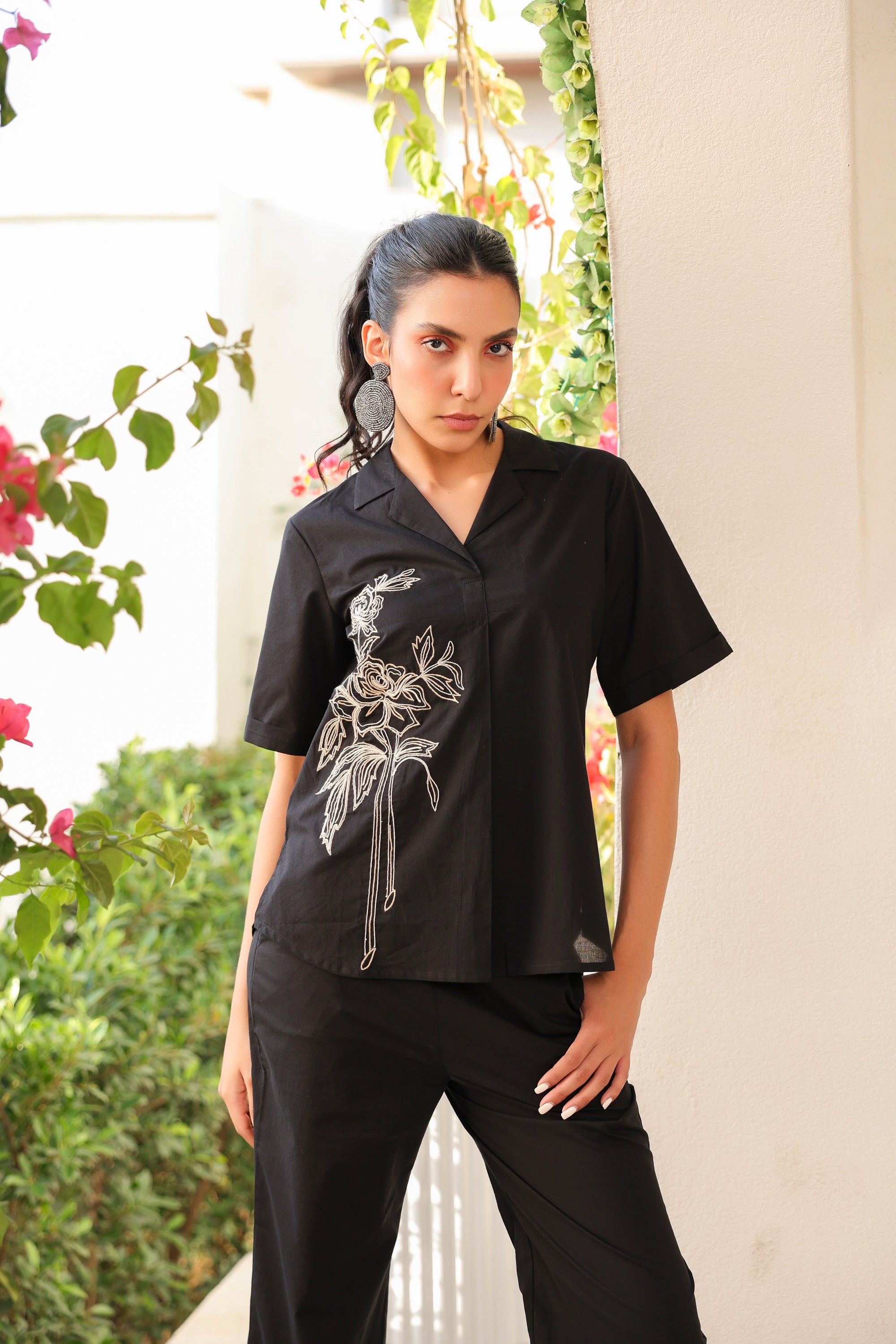 Black Rosette Charm Embroidered Cotton Co-ord Set