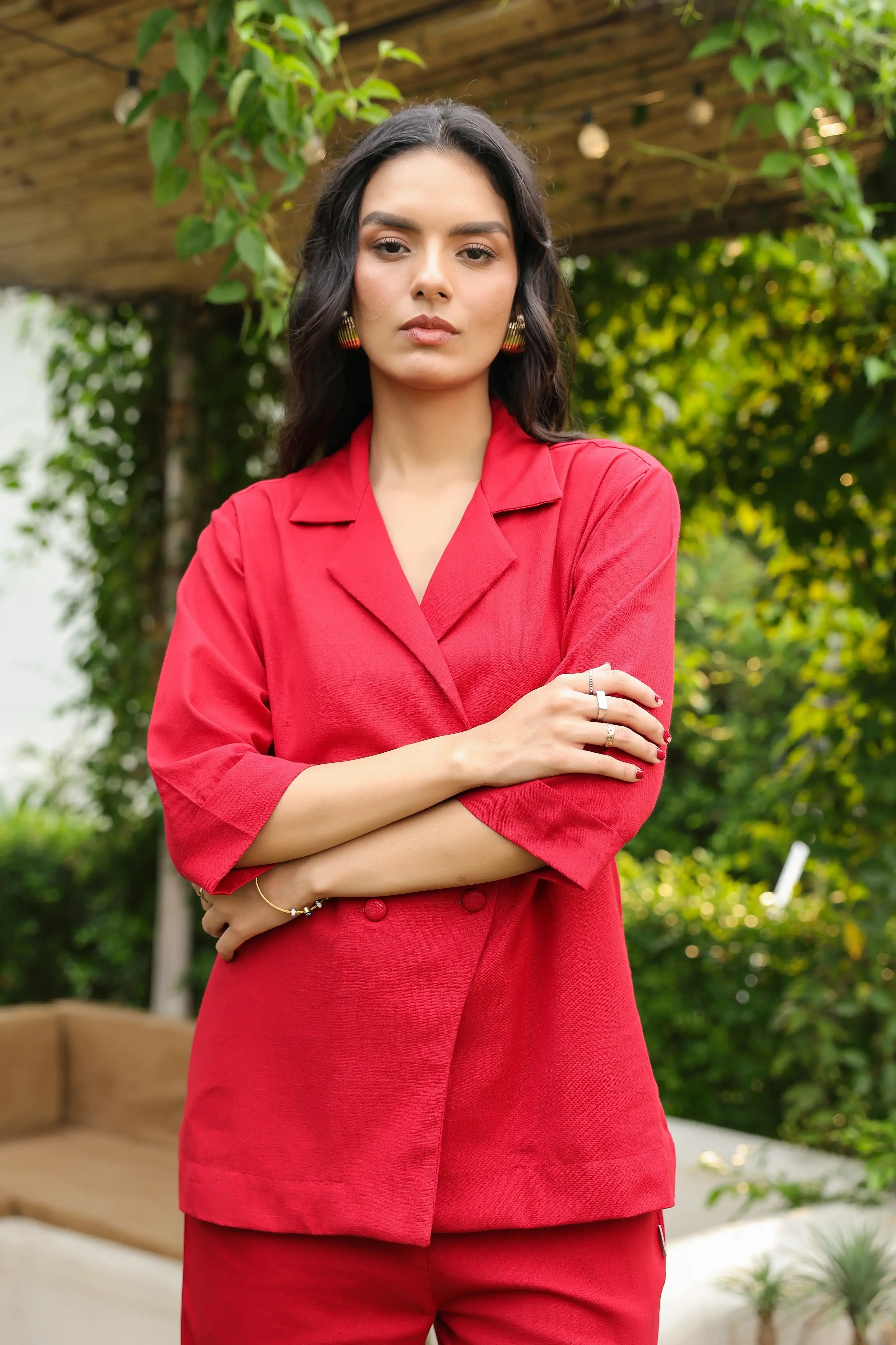 Red Blazer-Style with Notch Lapel Cotton Flex Co-ord Set