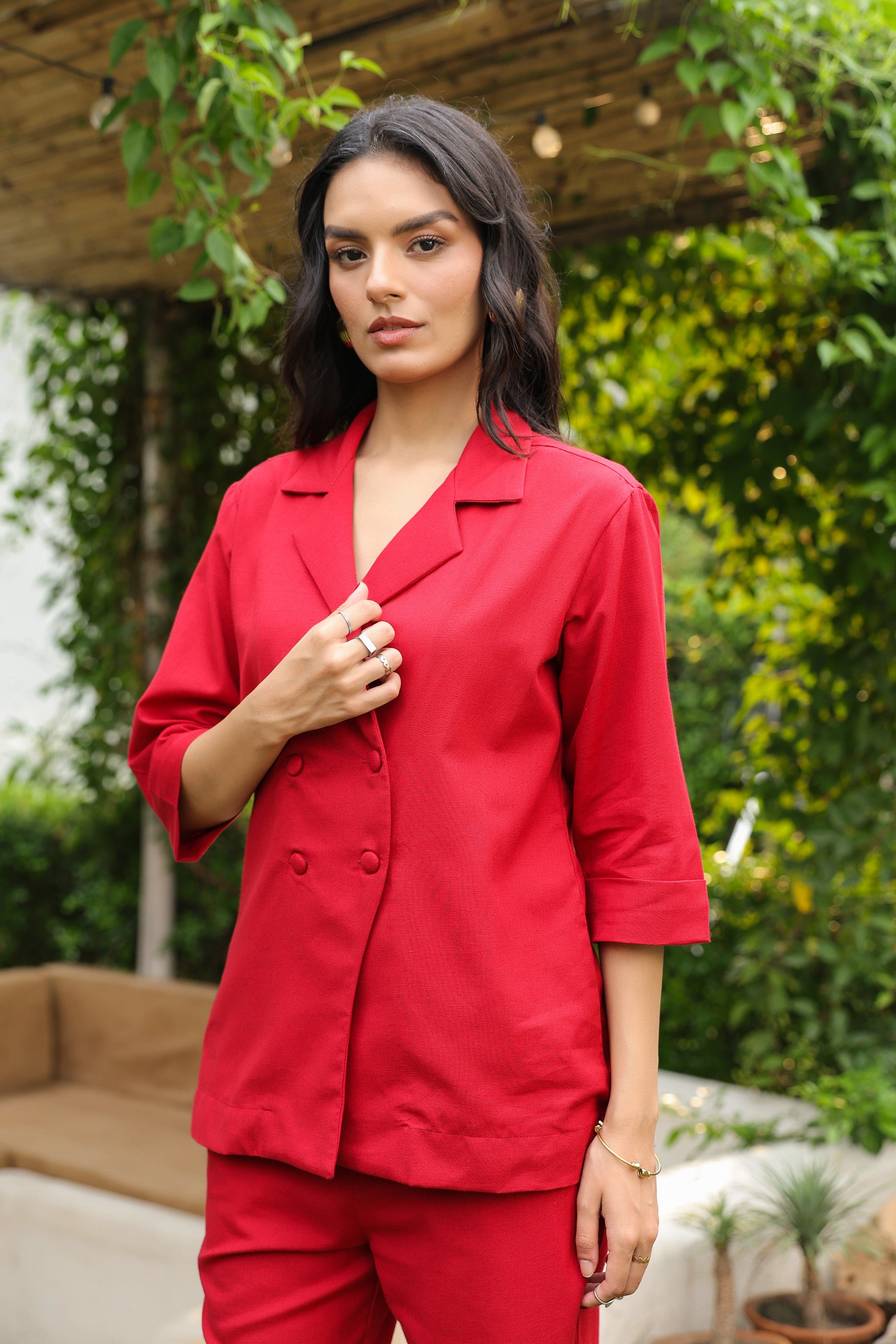 Red Blazer-Style with Notch Lapel Cotton Flex Co-ord Set