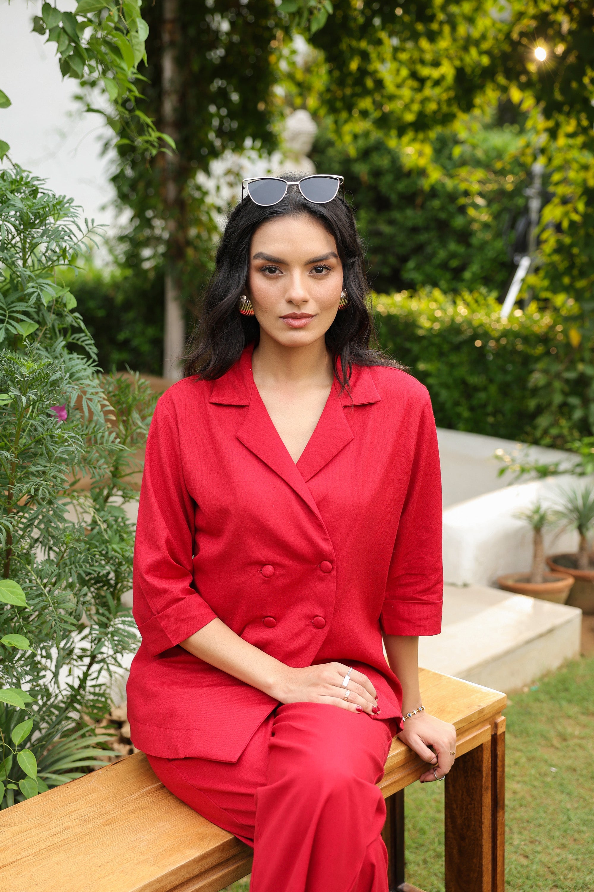 Red Blazer-Style with Notch Lapel Cotton Flex Co-ord Set