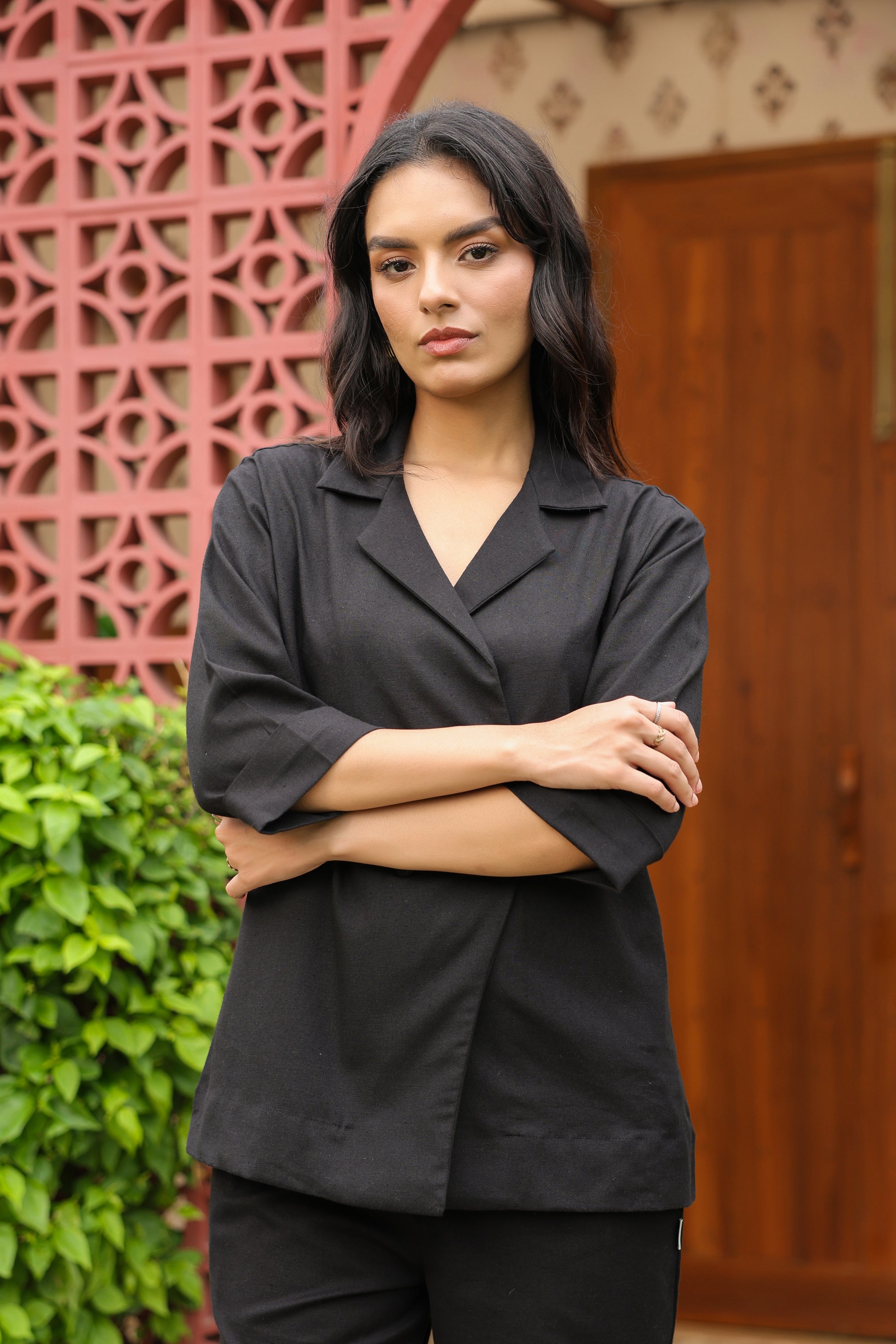 Double-Breasted Blazer Black Solid Cotton Flex Co-ord Set