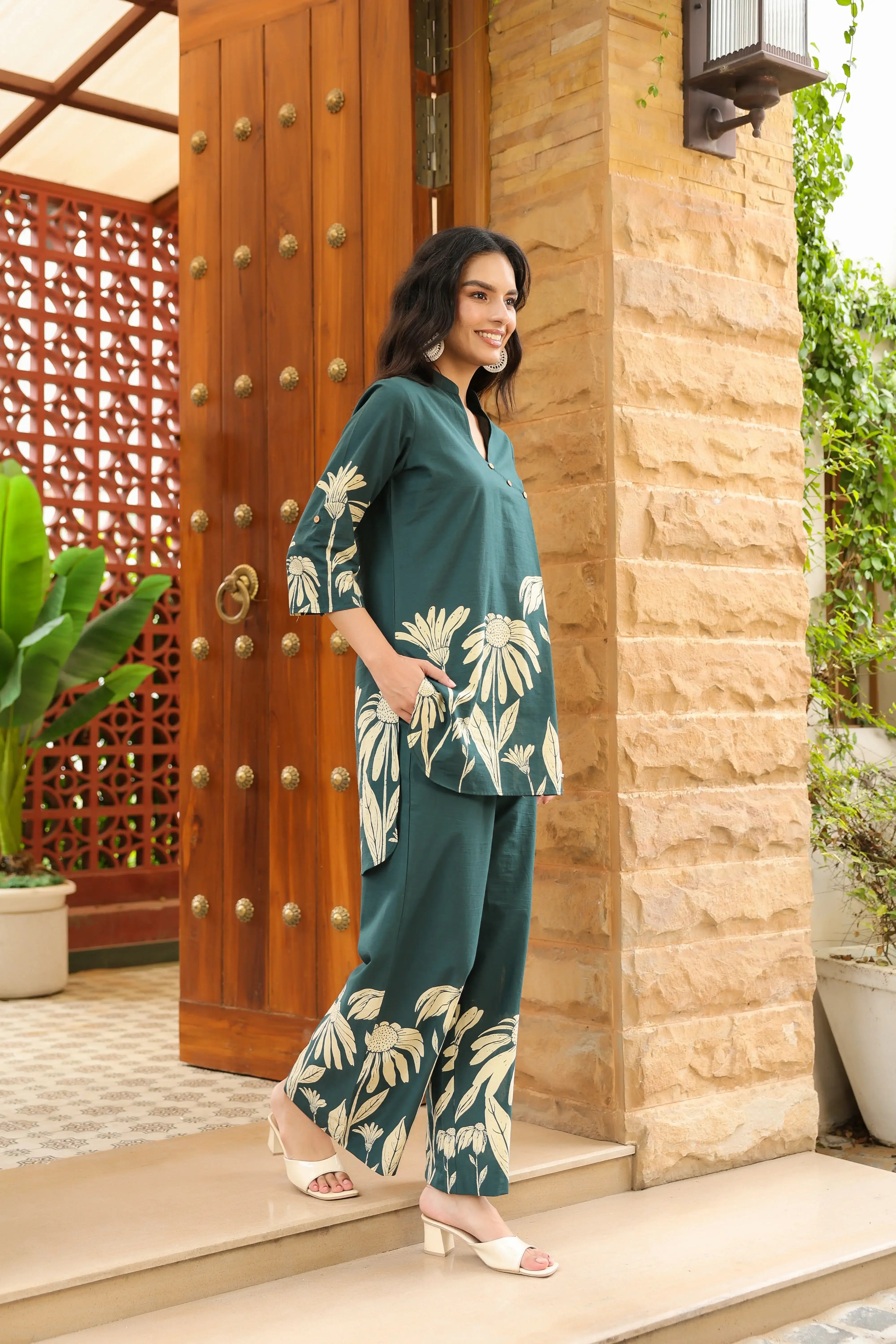 Teal Green Floral Printed Cotton Co-ord Set