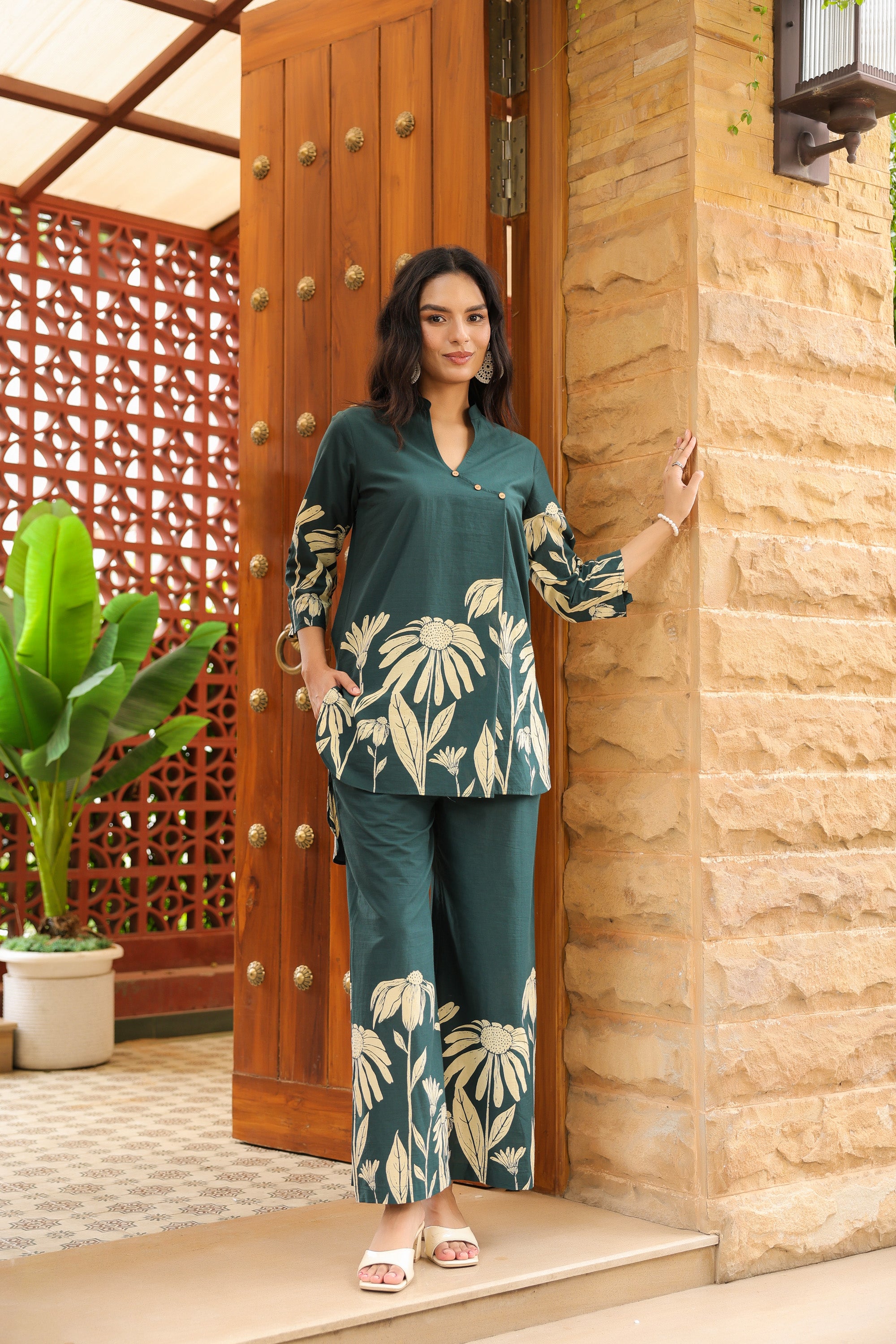 Teal Green Floral Printed Cotton Co-ord Set