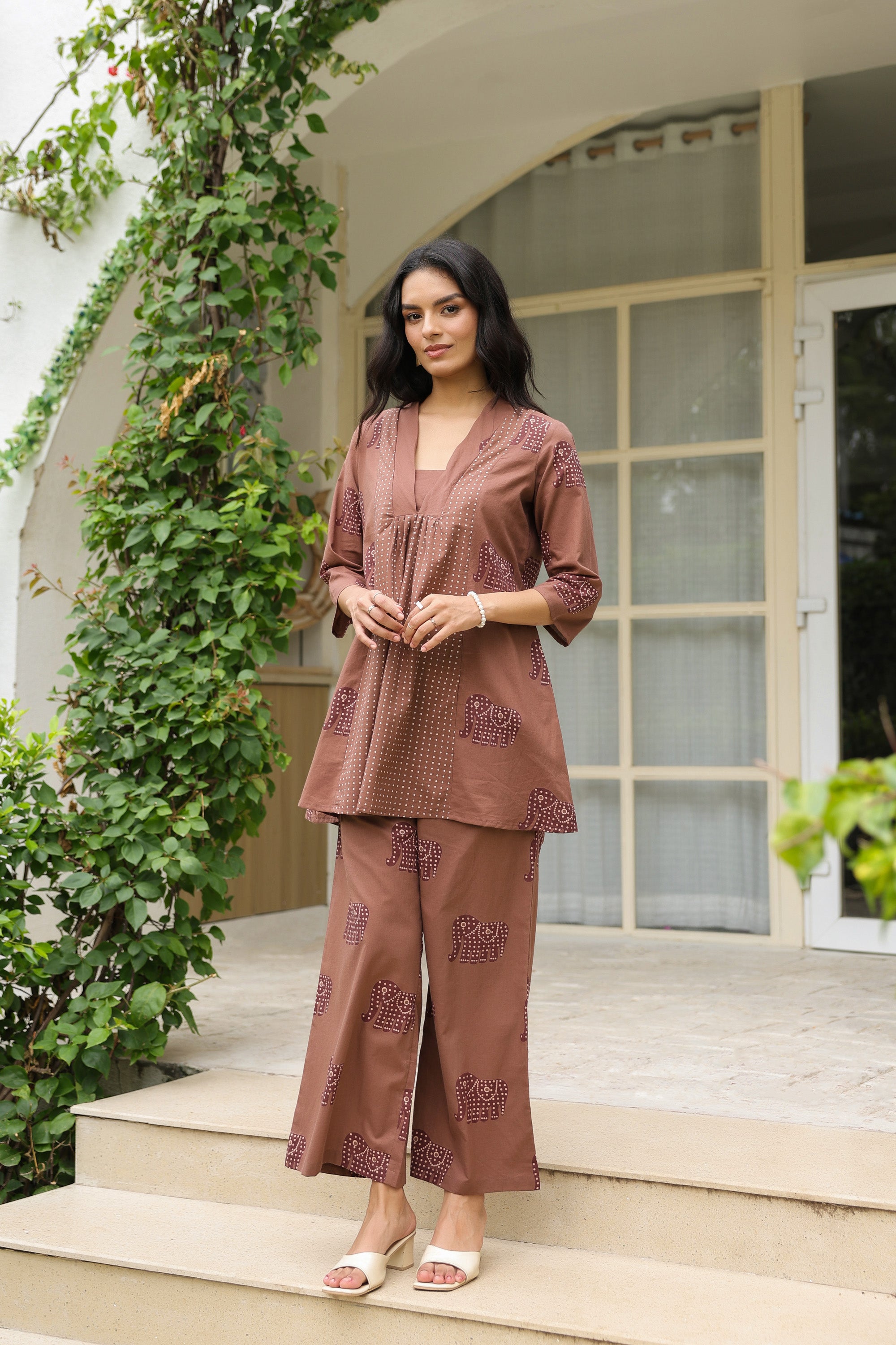Mocha Elephant Printed Cotton Co-ord Set