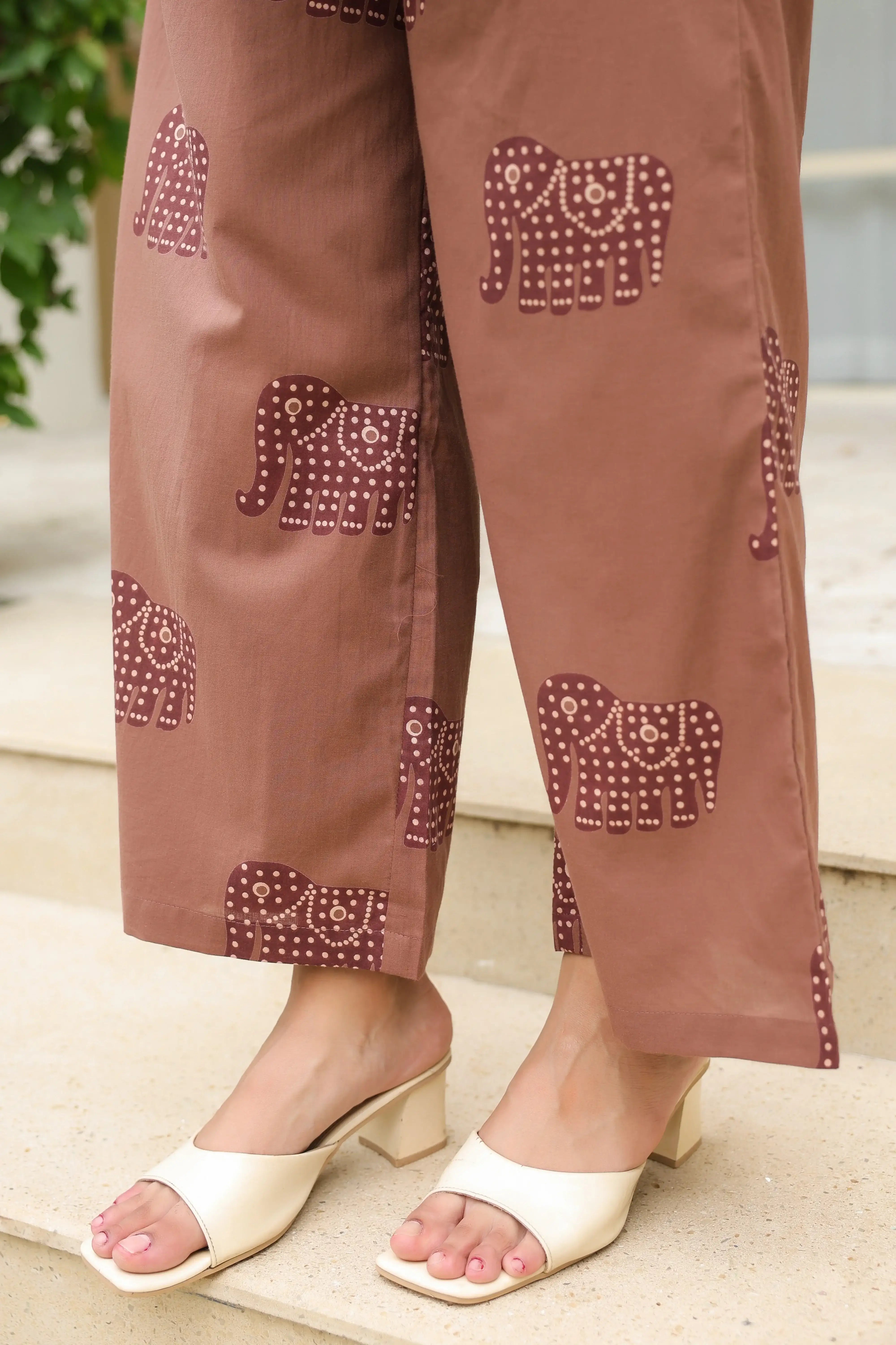 Brown Elephant Motif Printed Cotton Co-ord Set