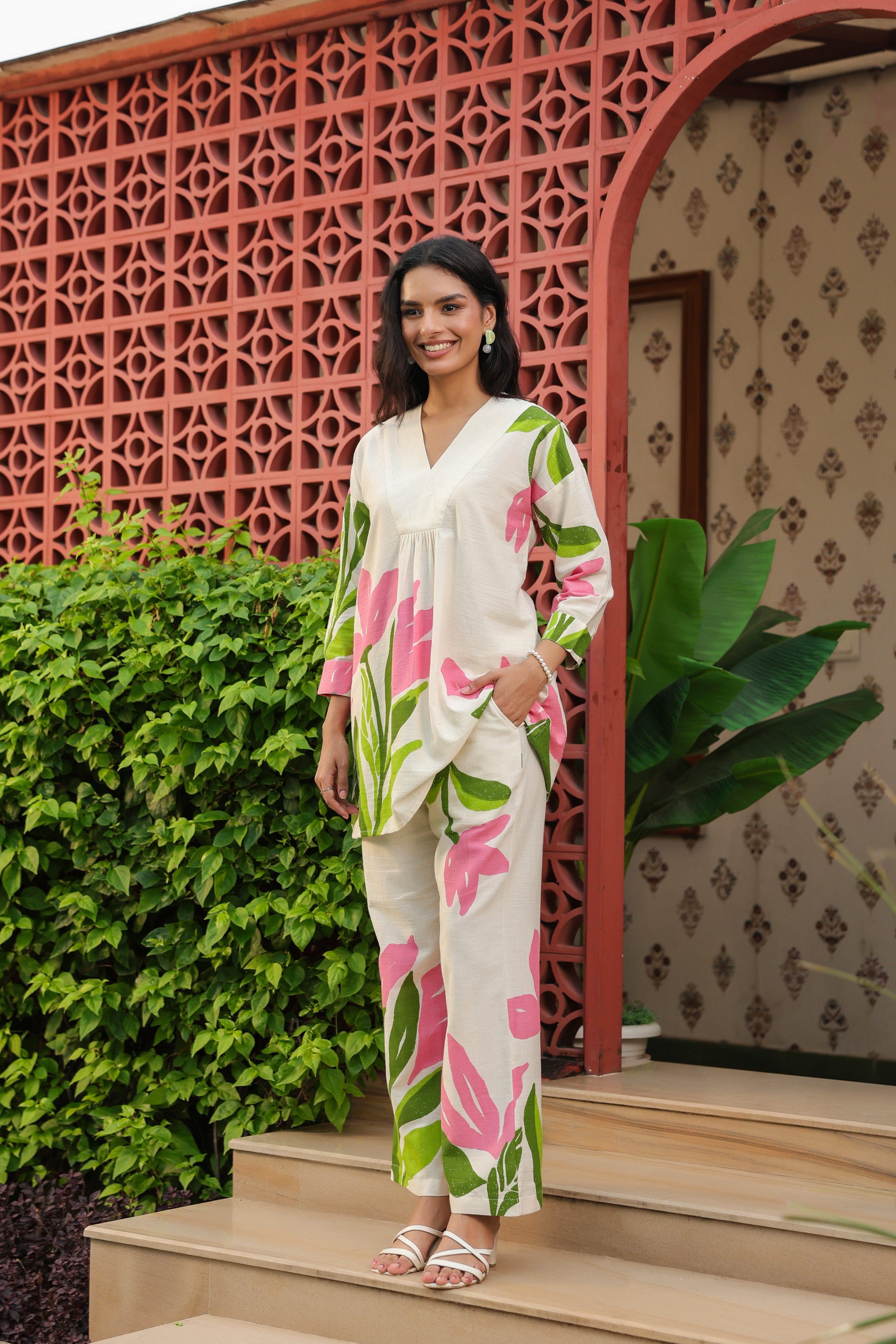 Elegant Blush Floral Printed Cotton Flex Co-ord Set