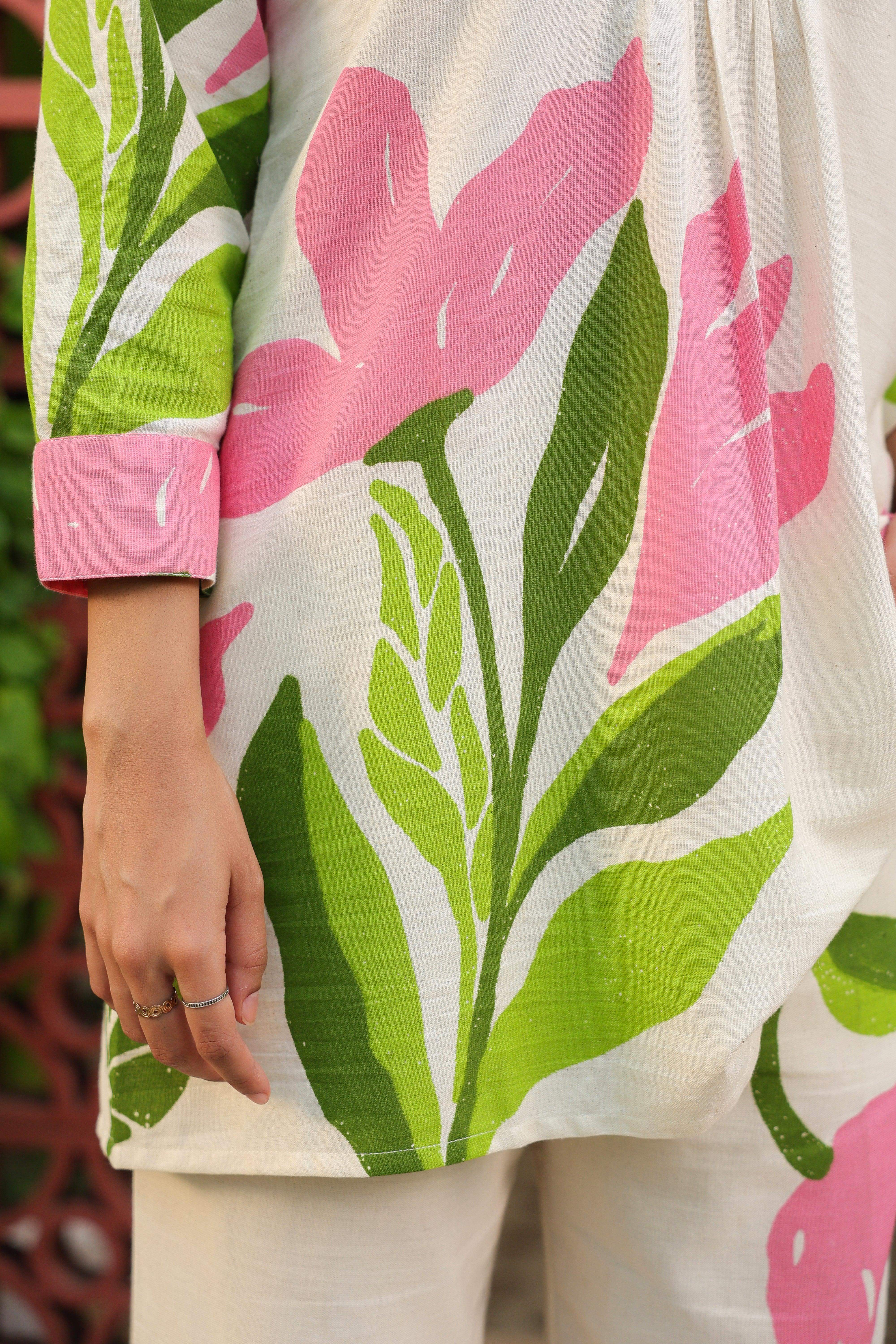 Elegant Blush Beige Floral Printed Cotton Flex Co-ord Set