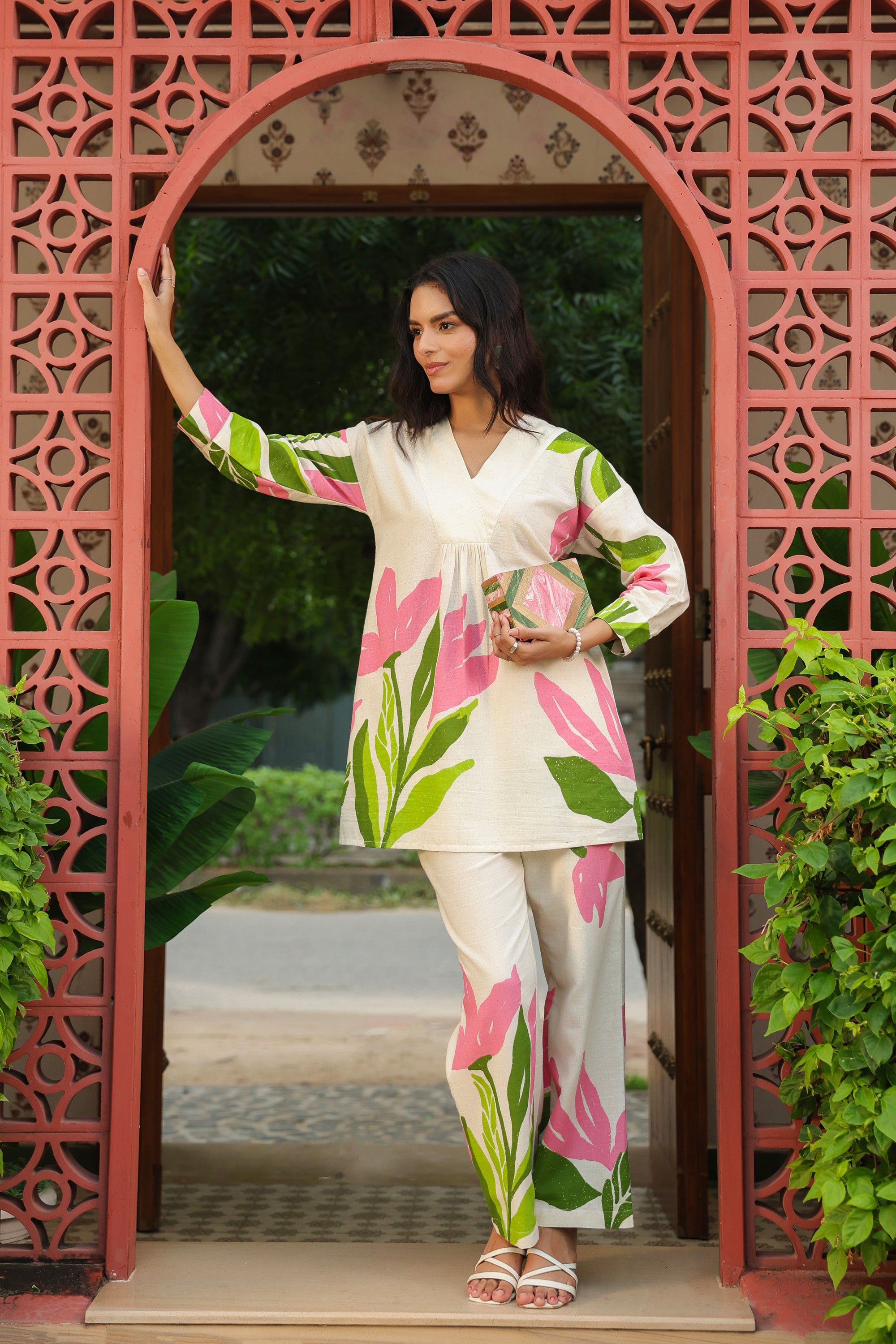 Elegant Blush Floral Printed Cotton Flex Co-ord Set