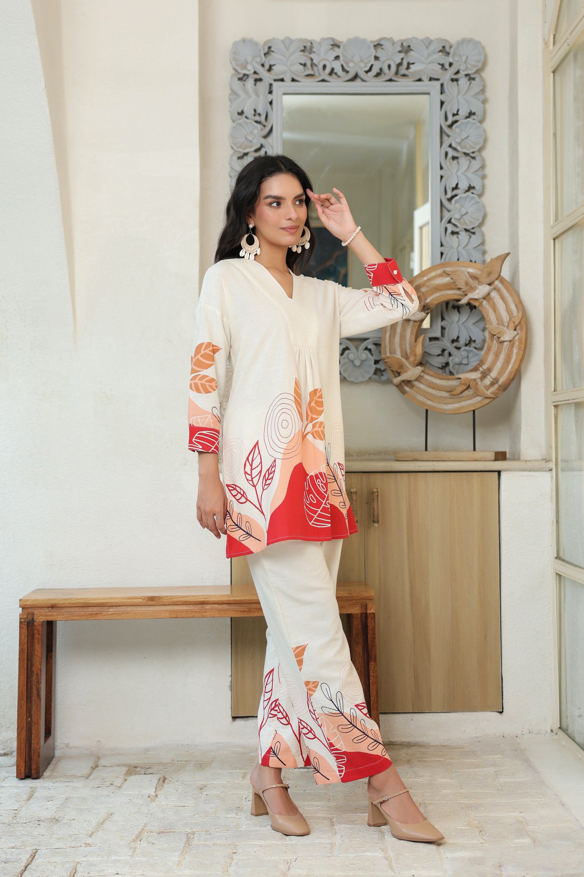 Leafs Printed Off-White Cotton Flex Co-ord Set