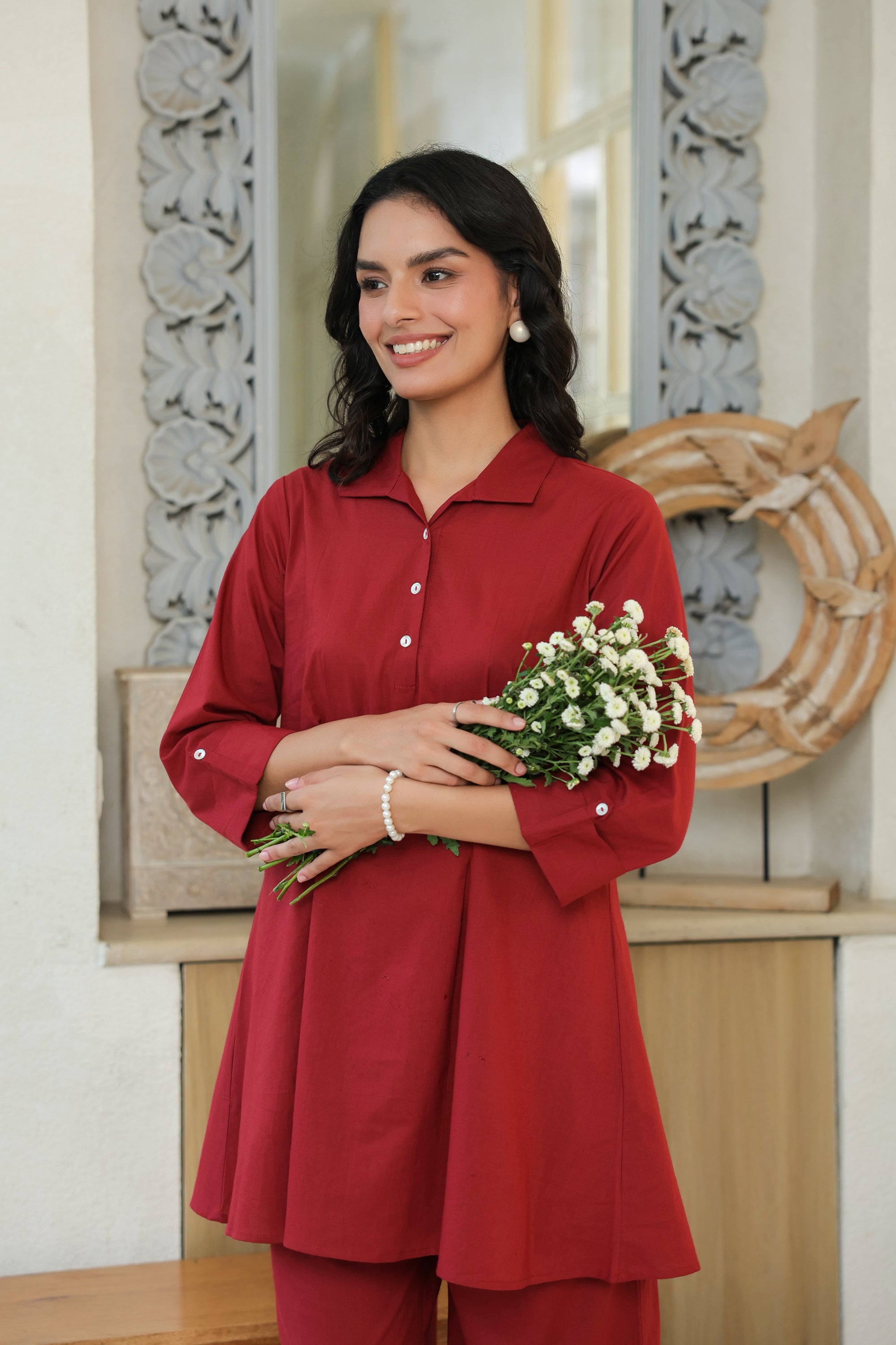 Crimson Ease Cotton Maroon Co-ord Set