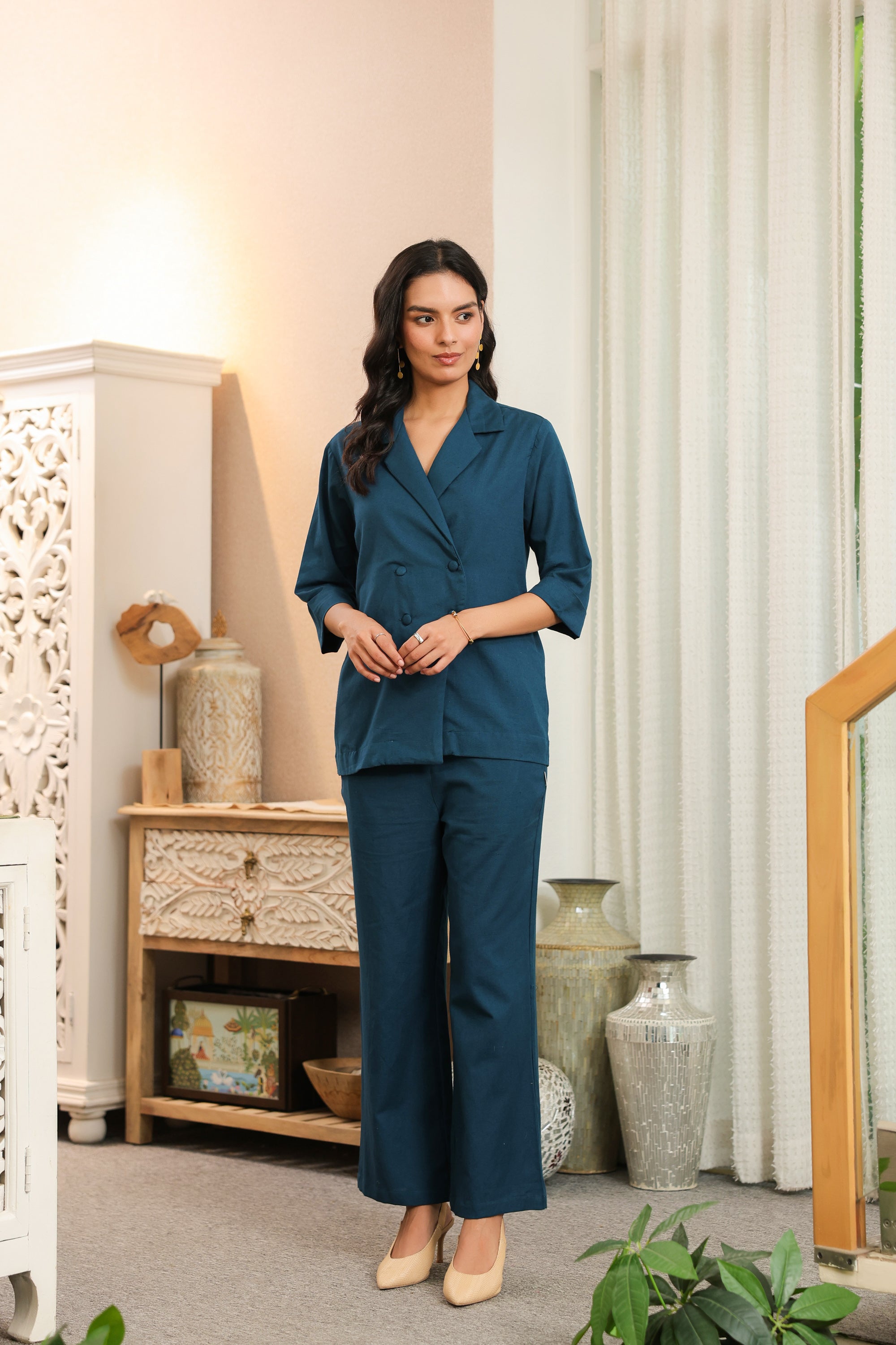 Solid Teal Blue Double-Breasted Cotton Flex Co-ord Set