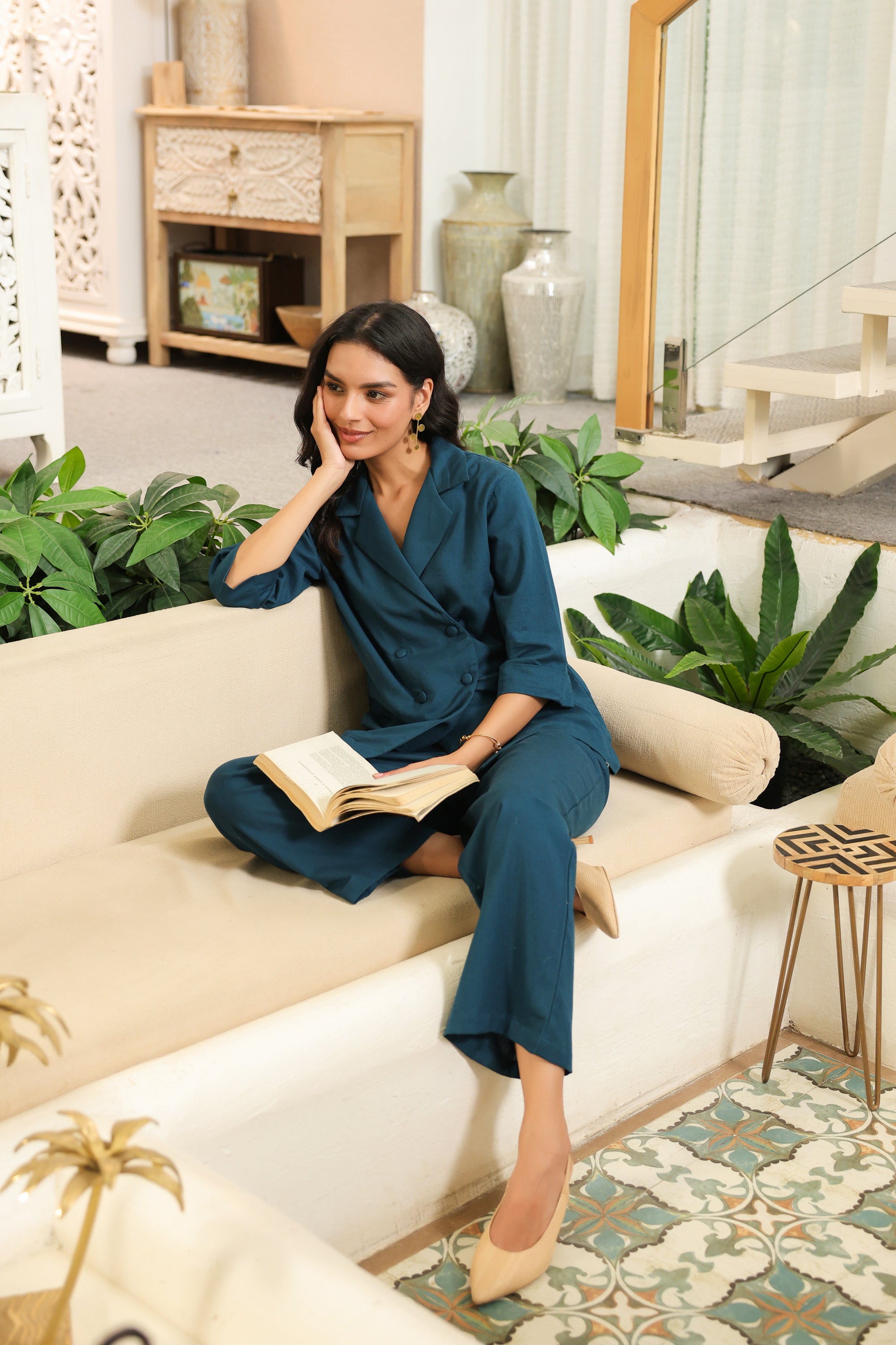 Solid Teal Blue Double-Breasted Cotton Flex Co-ord Set