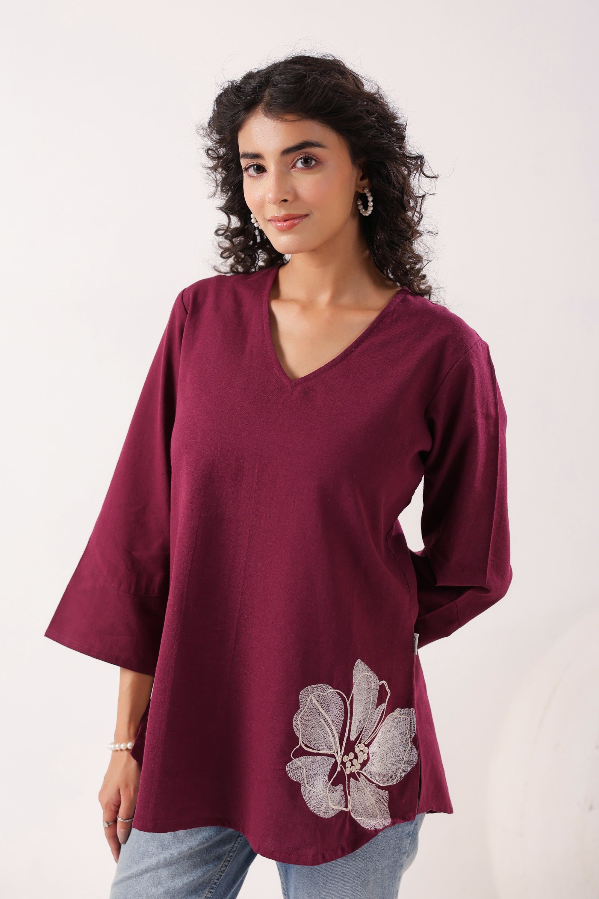 Petal Touch Embroidered Wine Cotton Flex Top