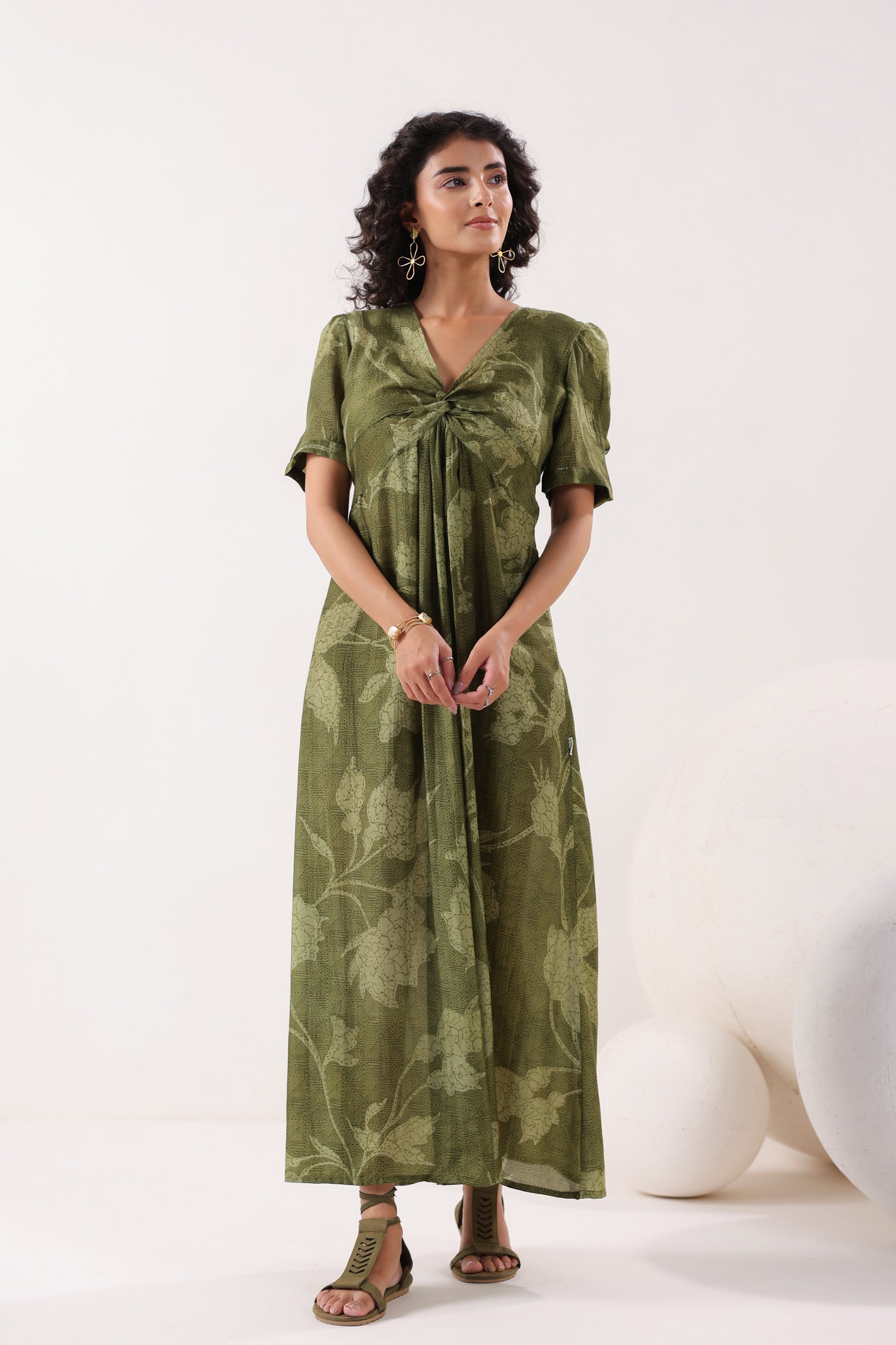 Olive Green Floral Silk Sundress