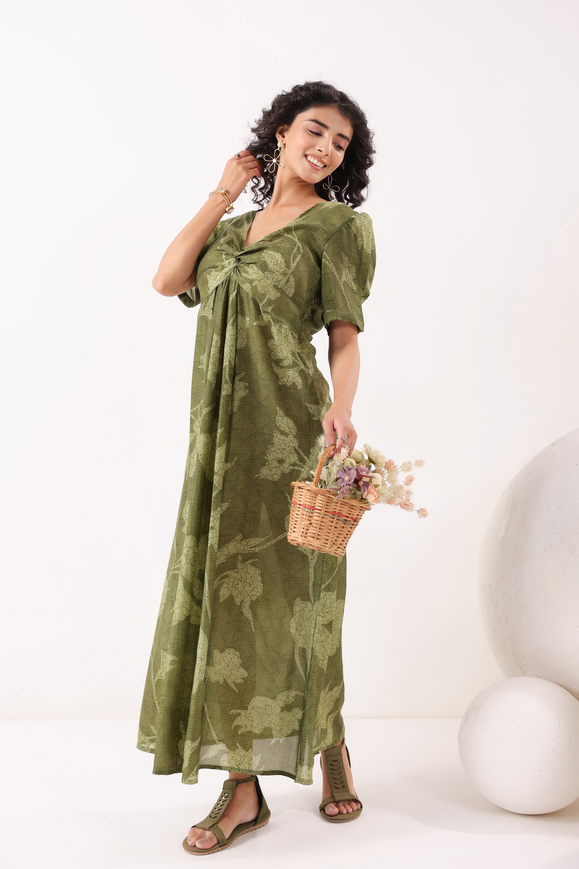 Olive Green Floral Silk Sundress