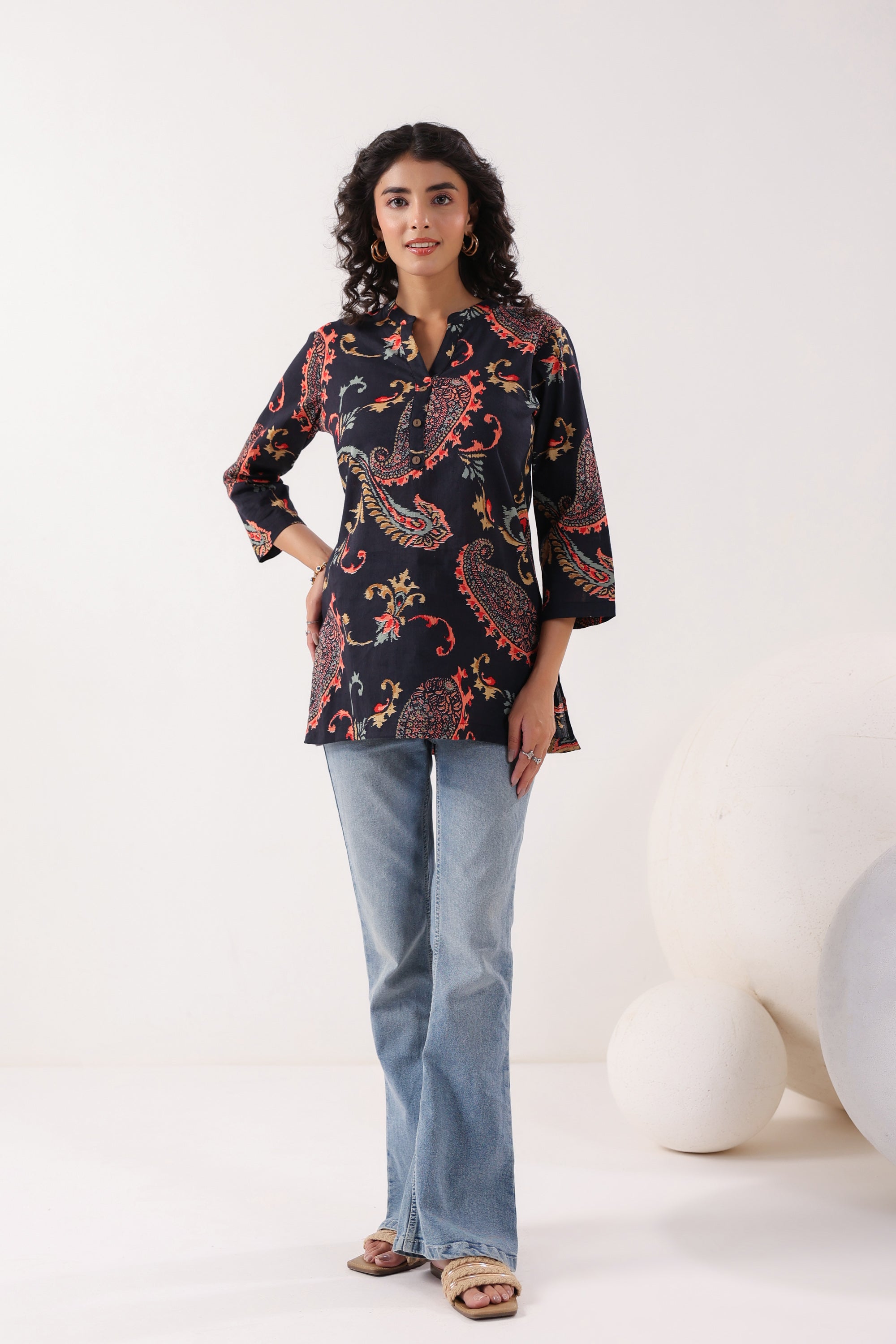 Dark Paisley Floral Printed Cotton Black Top