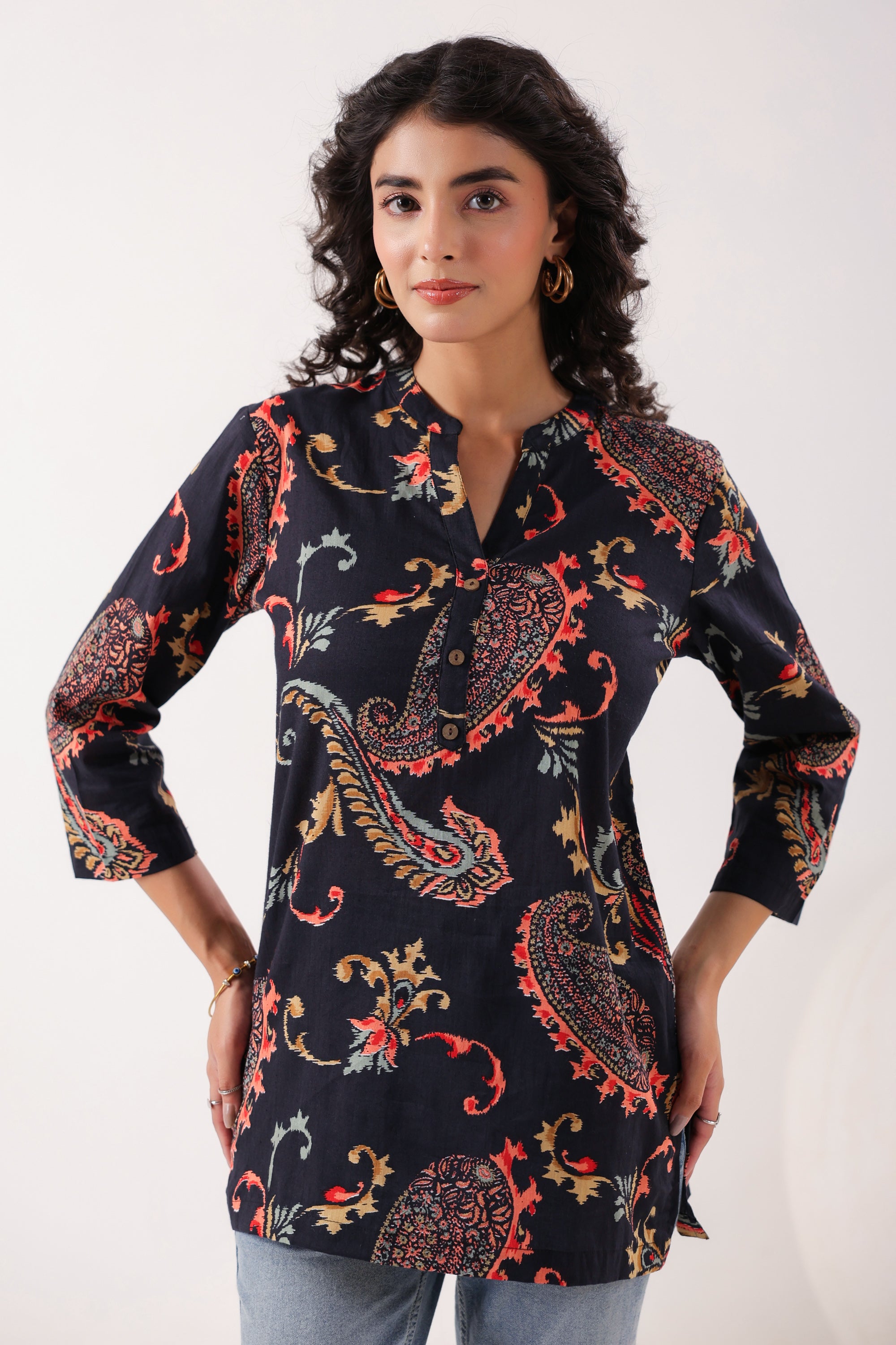 Dark Paisley Floral Printed Cotton Black Top