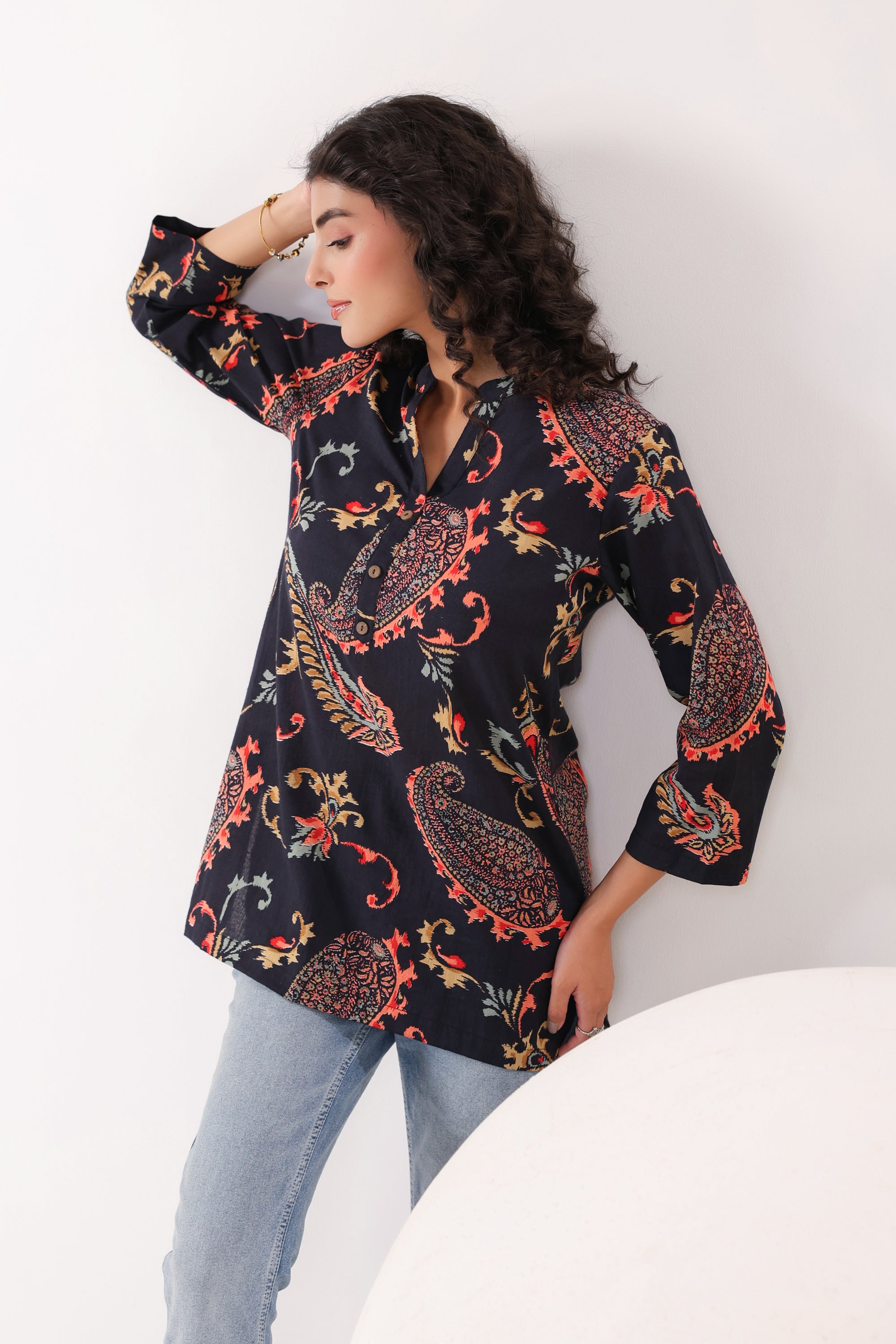 Dark Paisley Floral Printed Cotton Black Top