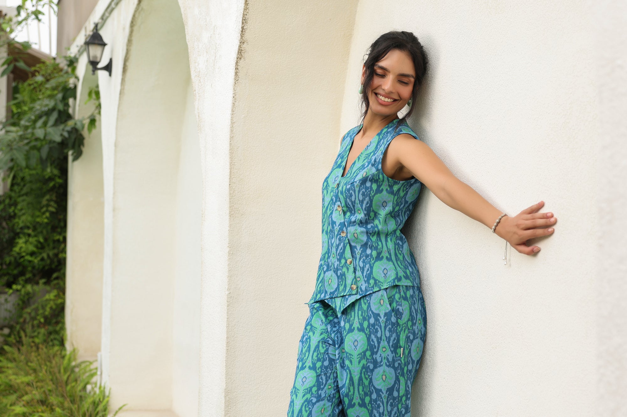 Ikat Symphony Blue-Green Sleeveless Cotton Flex Co-ord Set