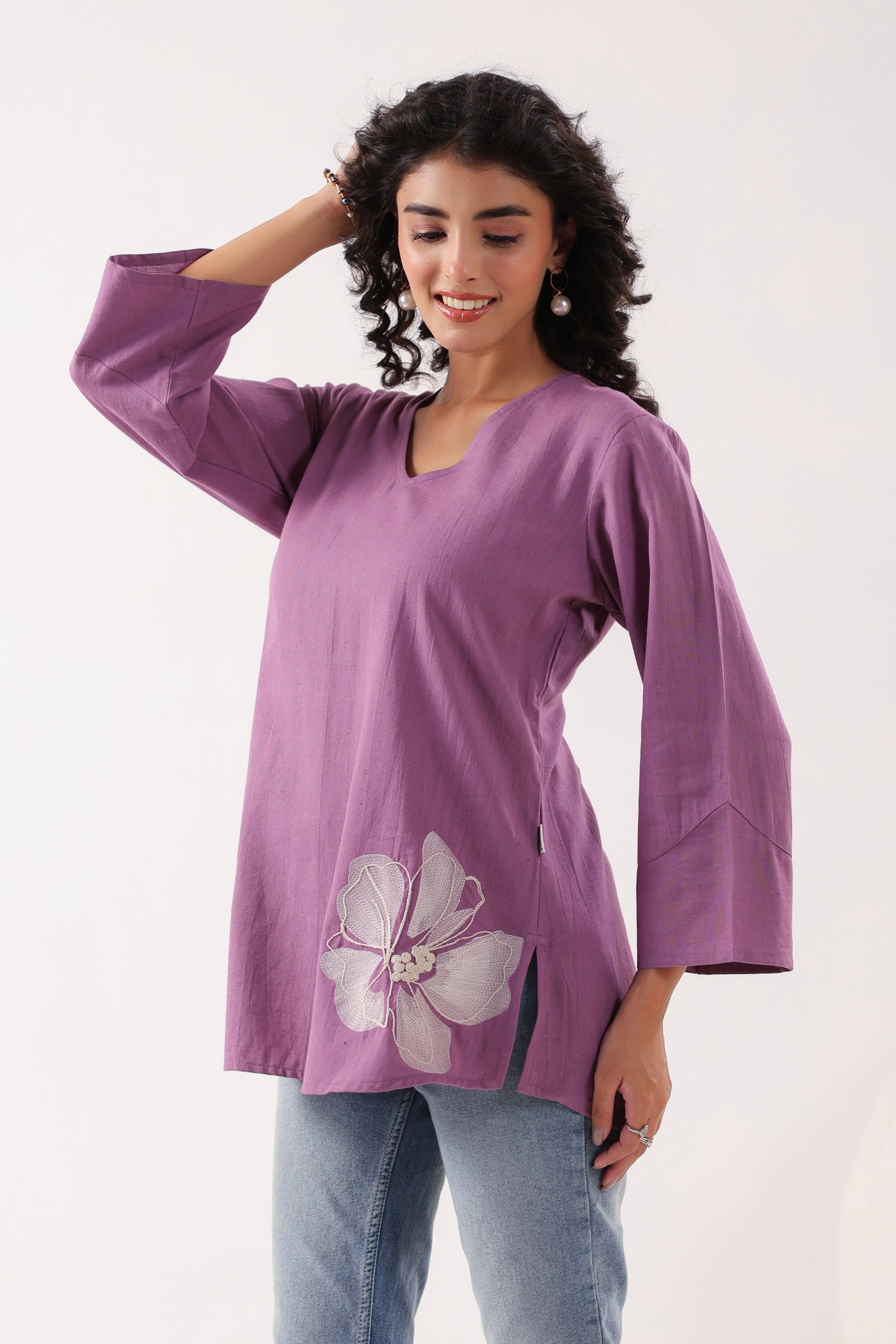 Blossom Breeze Cotton Flex Purple Embroidered Top