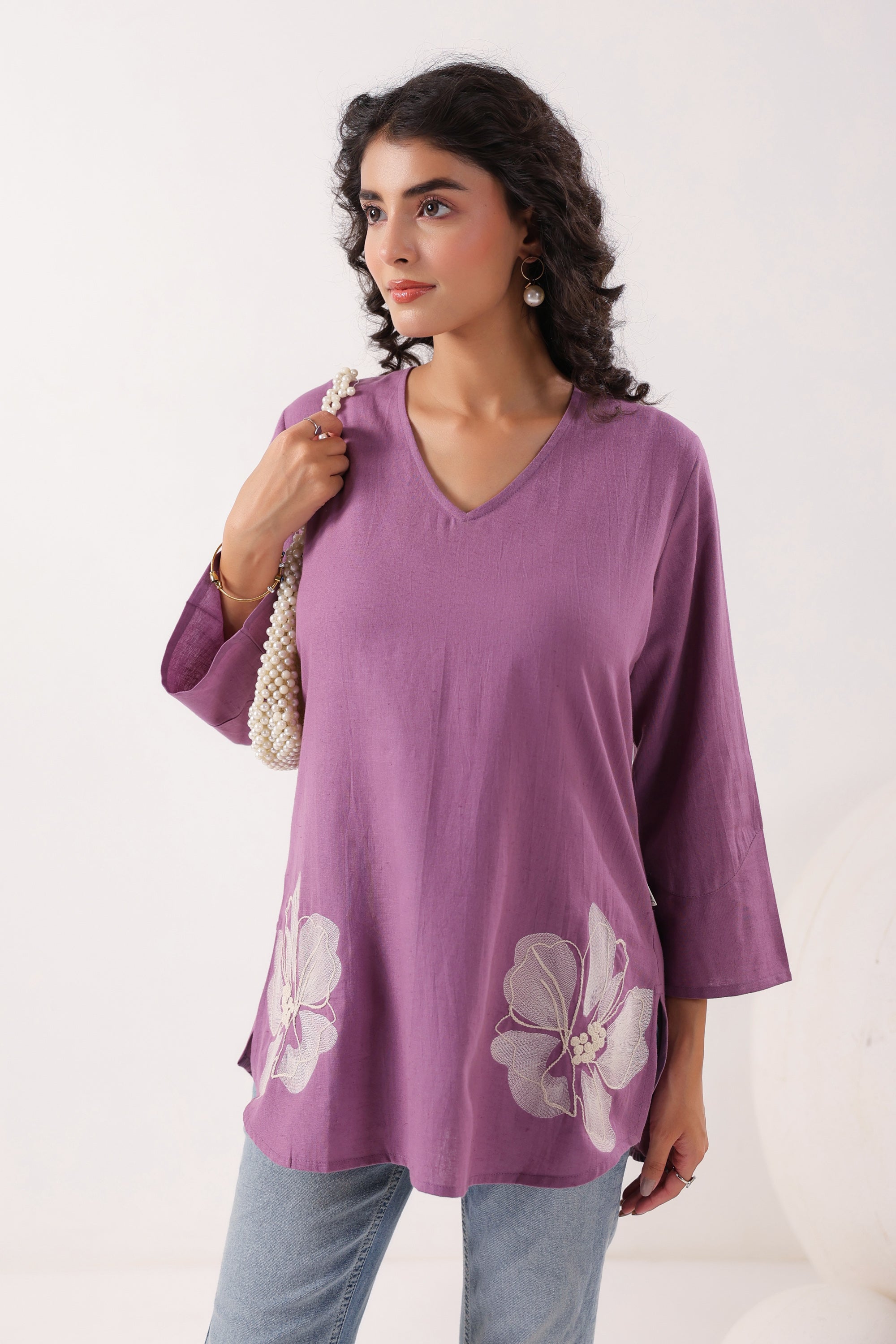 Blossom Breeze Cotton Flex Purple Embroidered Top