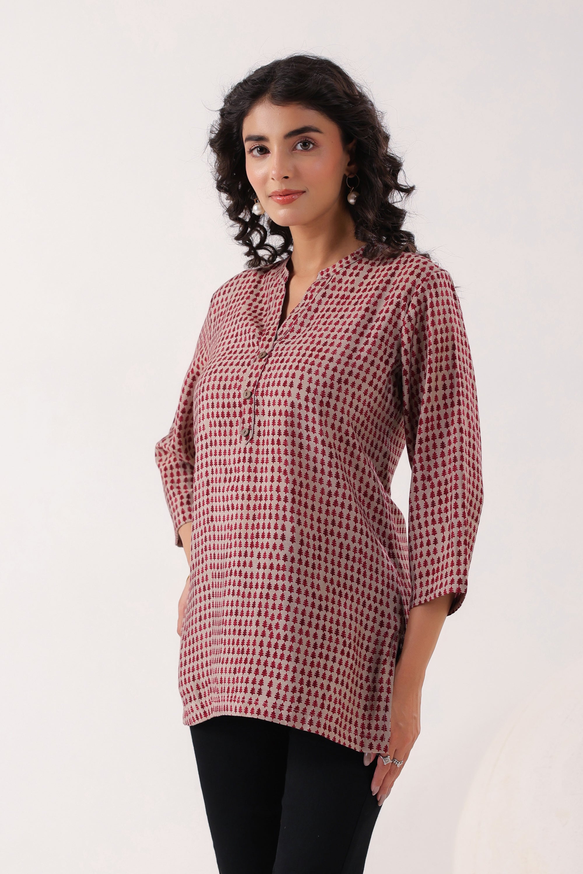 Red & Pink Geometric Muslin Top