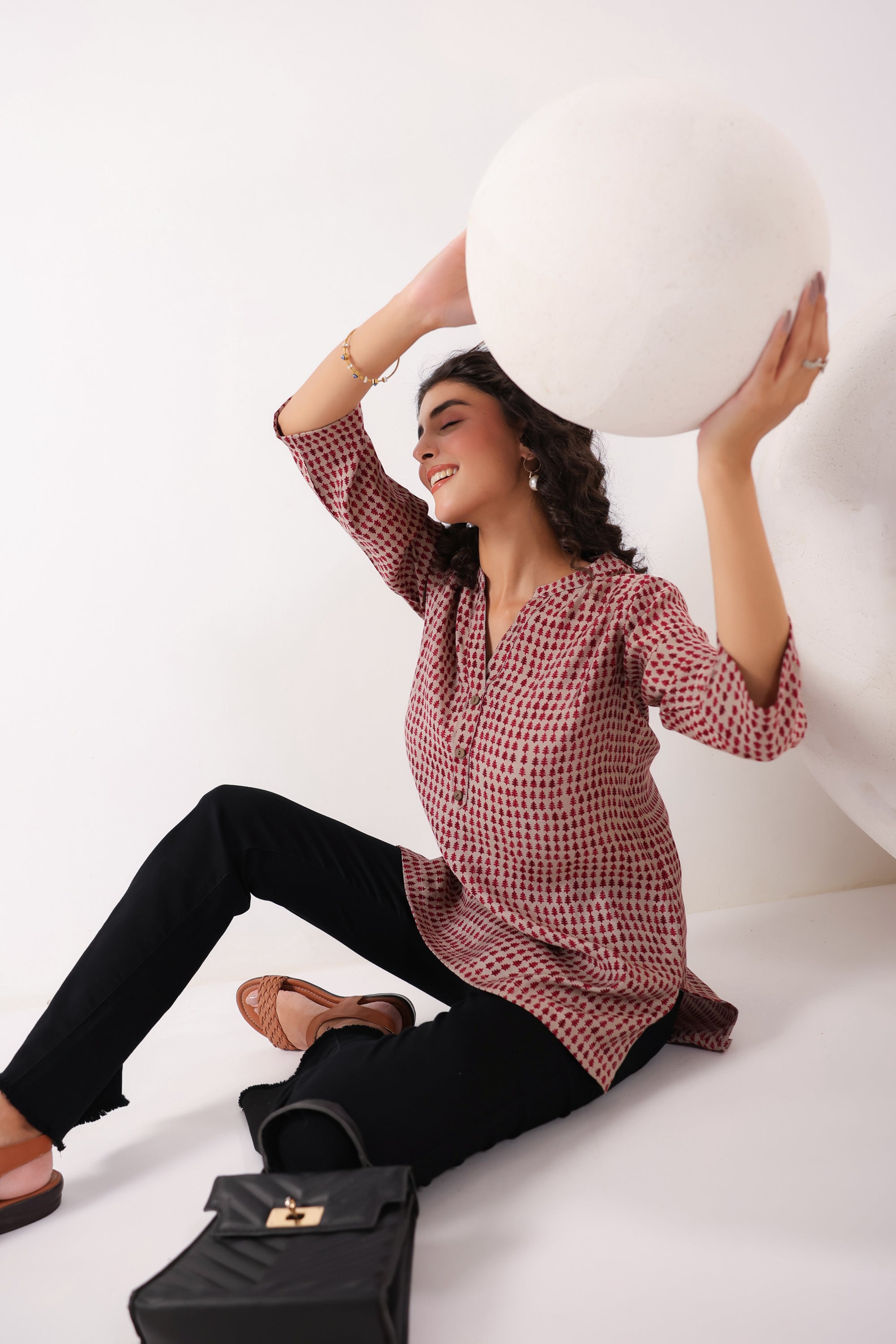 Red & Pink Geometric Muslin Top