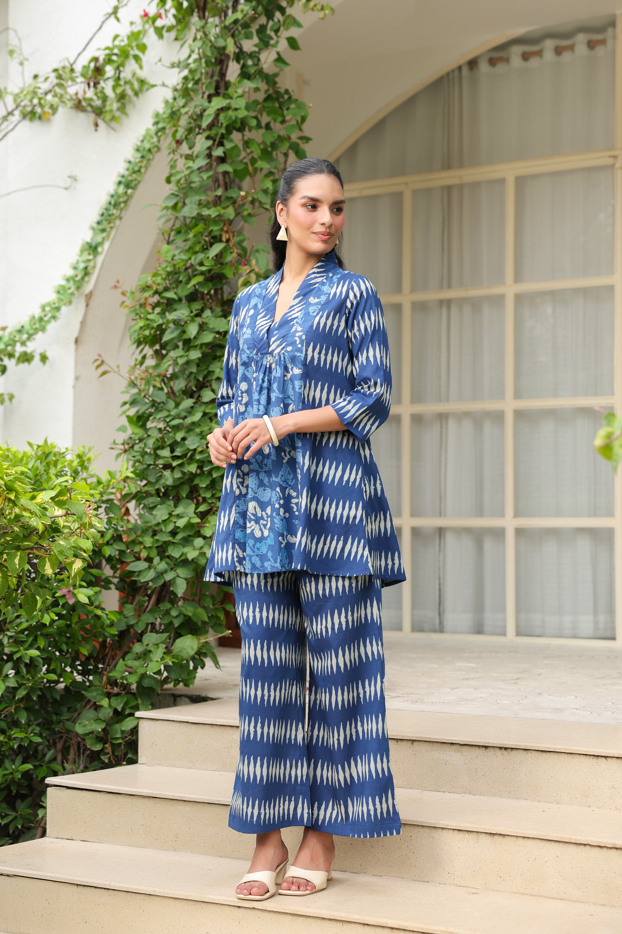 Blue Essence Ikat Fusion Printed Cotton Co-ord Set
