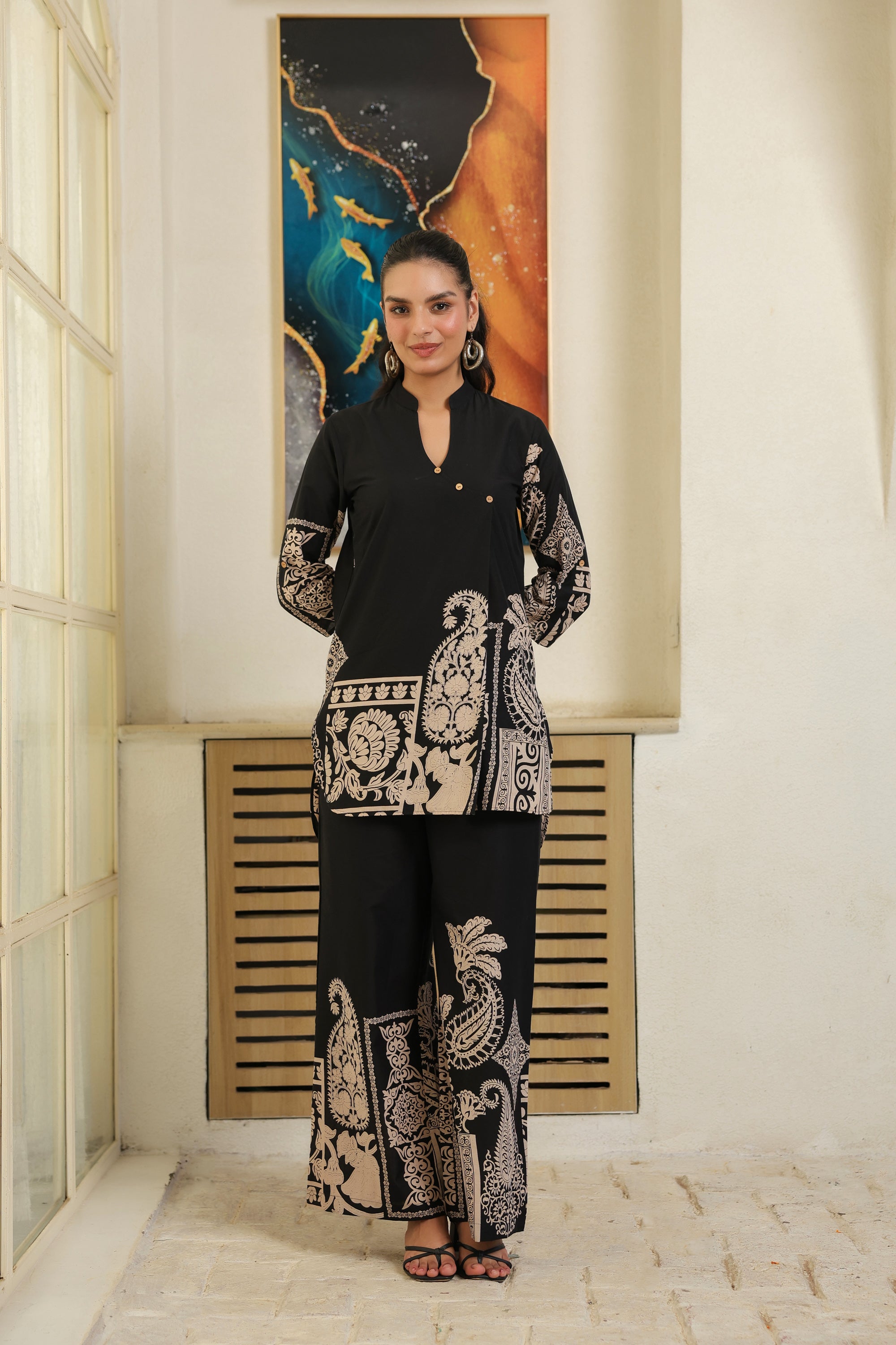 Black Ethnic Print Cotton Co-ord Set