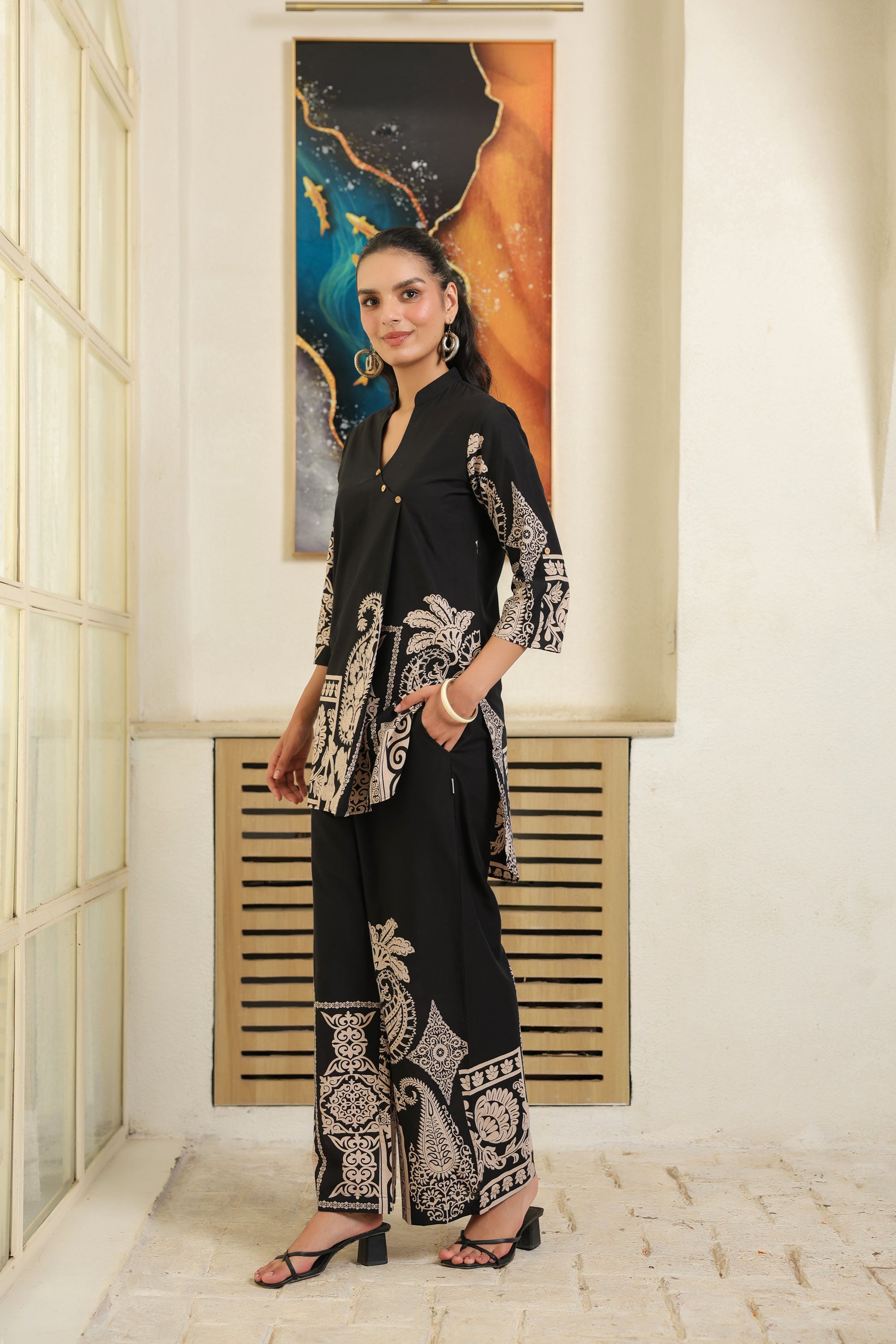 Black Ethnic Print Cotton Co-ord Set