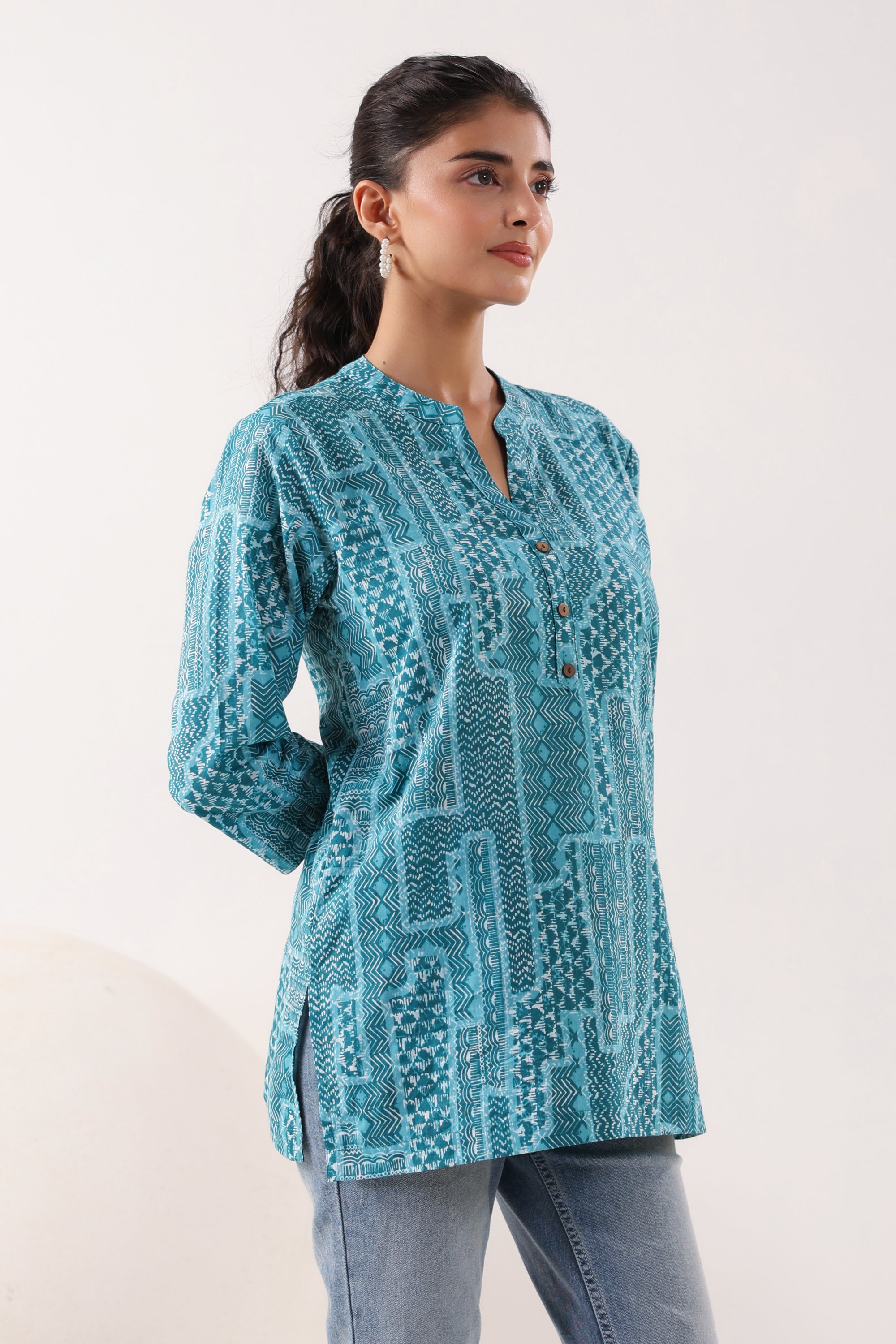 Everyday Ethnic Ensemble Turquoise Printed Cotton Top