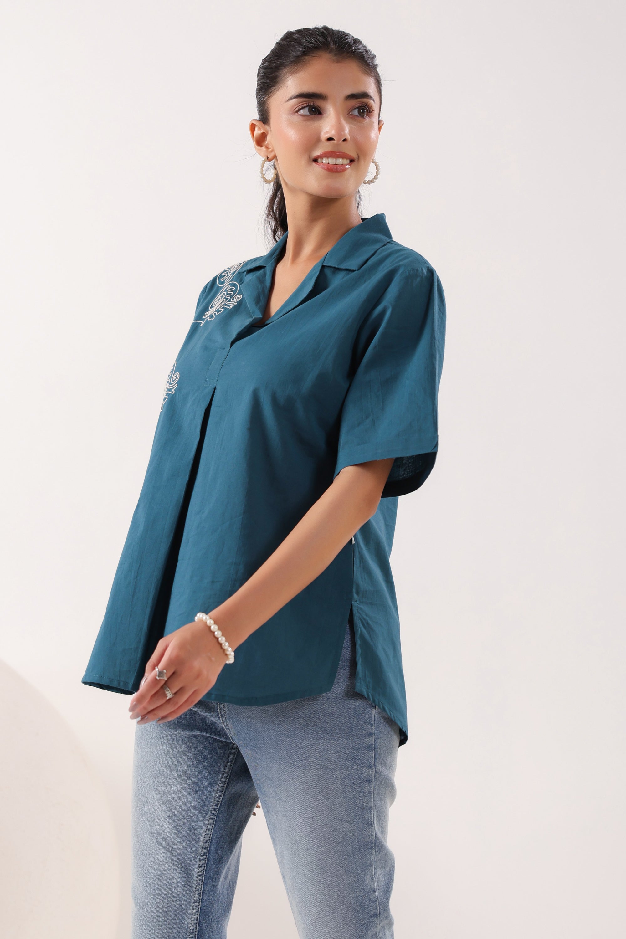 Spiral Elegance Teal Cotton Embroidered Top